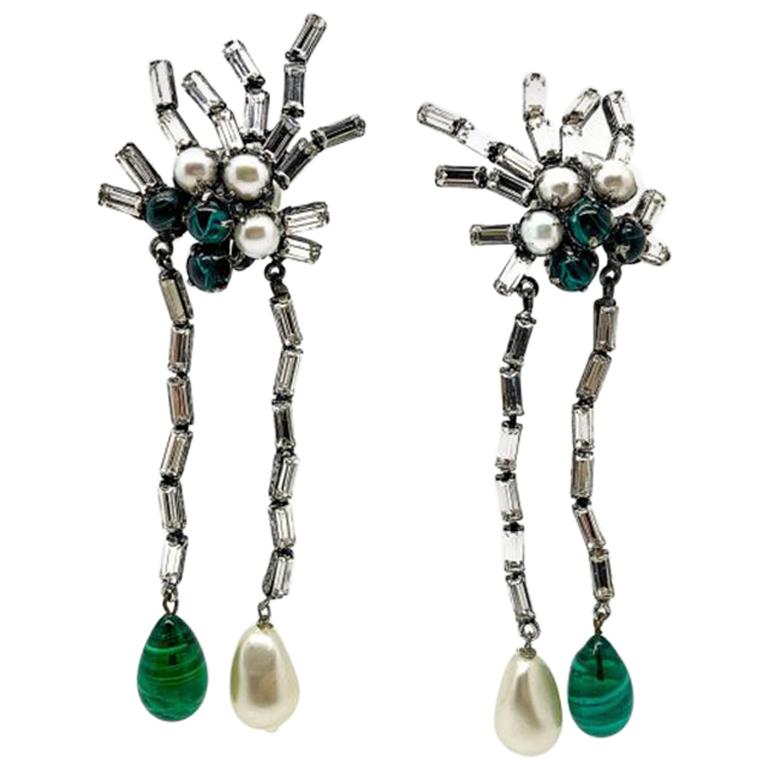 Vintage Iradj Moini New York Designer Shoulder Duster Green & Pearl Earrings 