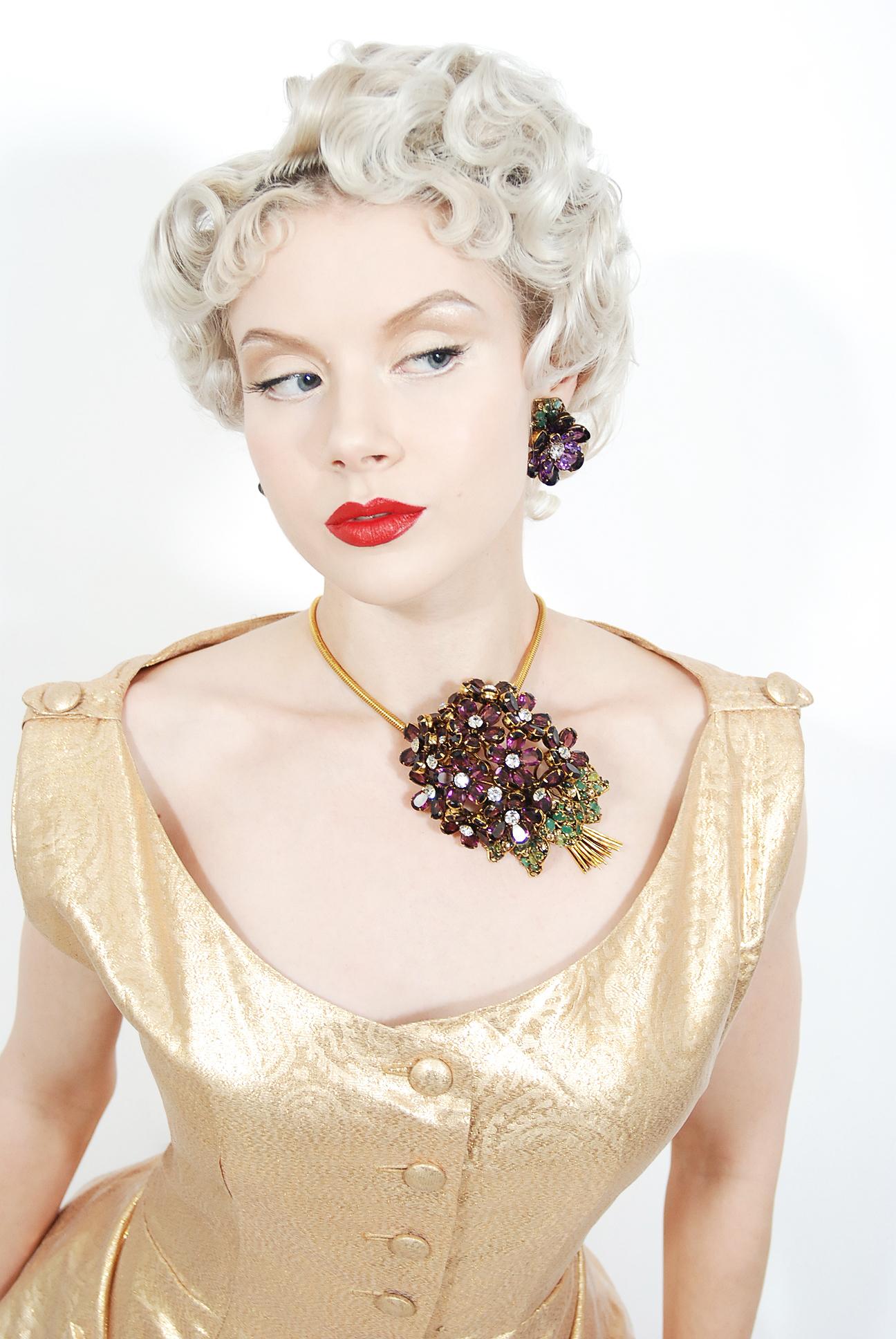 Vintage Iradj Moini Signed Over-Sized Purple Floral Crystal Brooch & Earring Set For Sale 8
