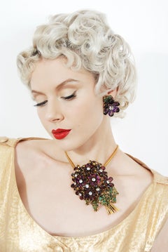 Vintage Iradj Moini Signed Over-Sized Purple Floral Crystal Brooch & Earring Set