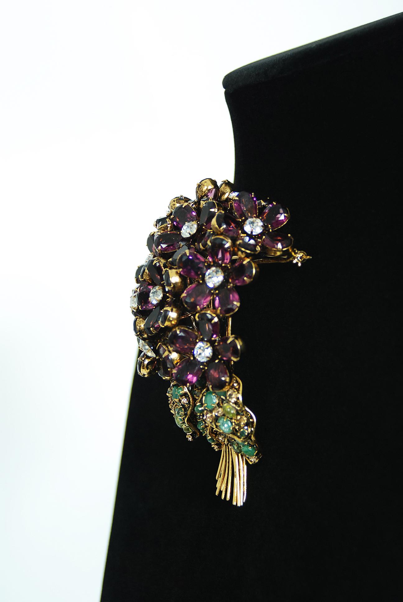 Vintage Iradj Moini Signed Over-Sized Purple Floral Crystal Brooch & Earring Set For Sale 1