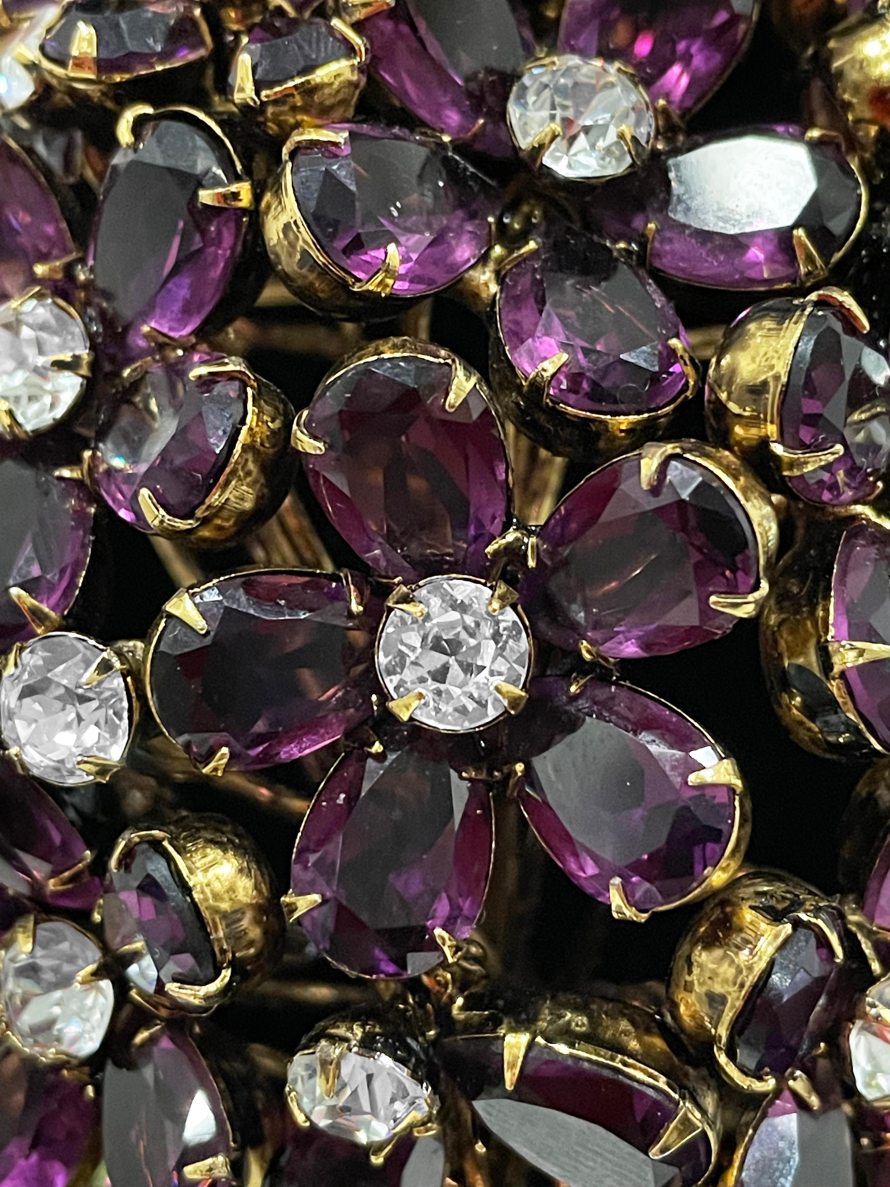 Vintage Iradj Moini Signed Over-Sized Purple Floral Crystal Brooch & Earring Set For Sale 2