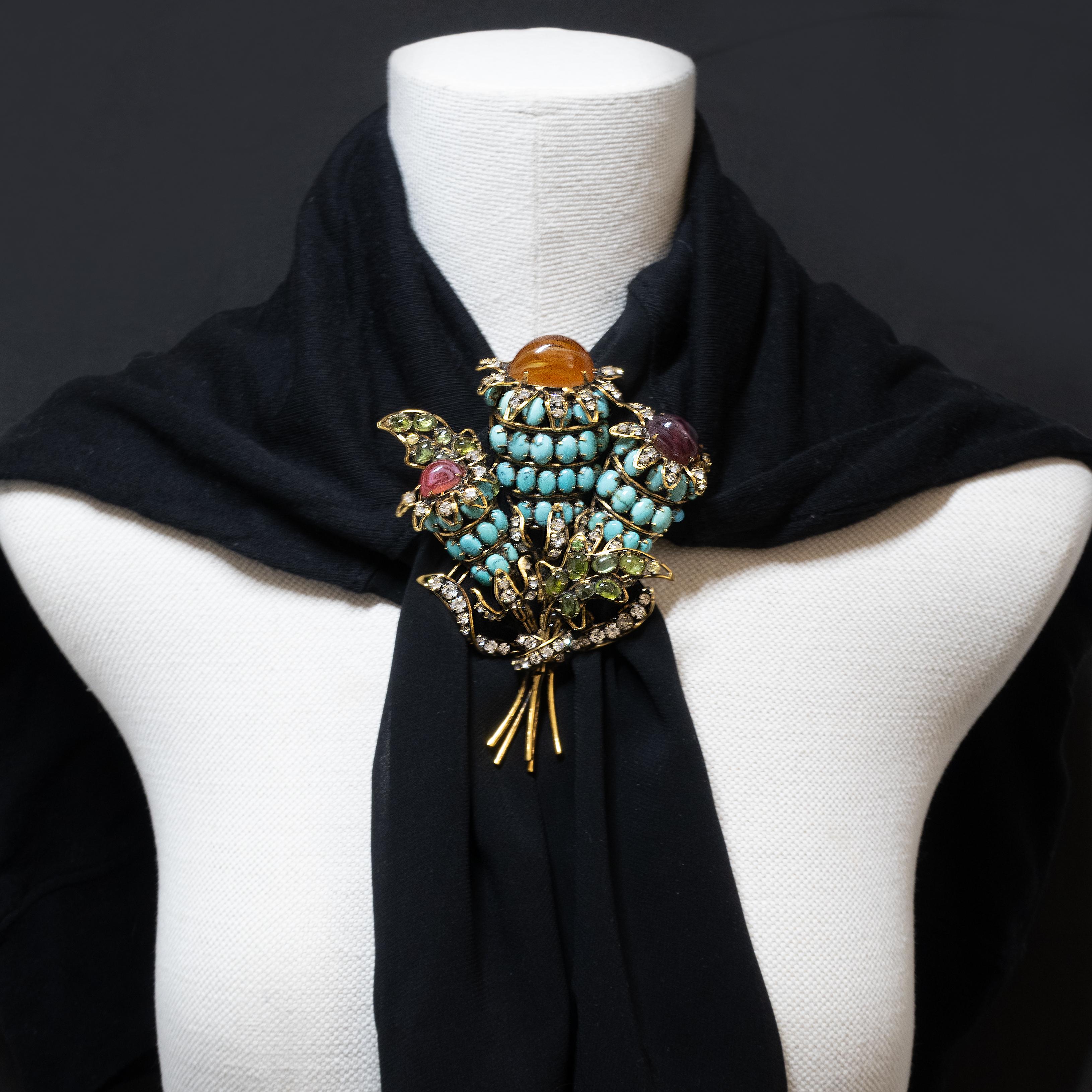 Modern Vintage IRADJ MOINI Turquoise Peridot Glass Flower Fur Clip Brooch