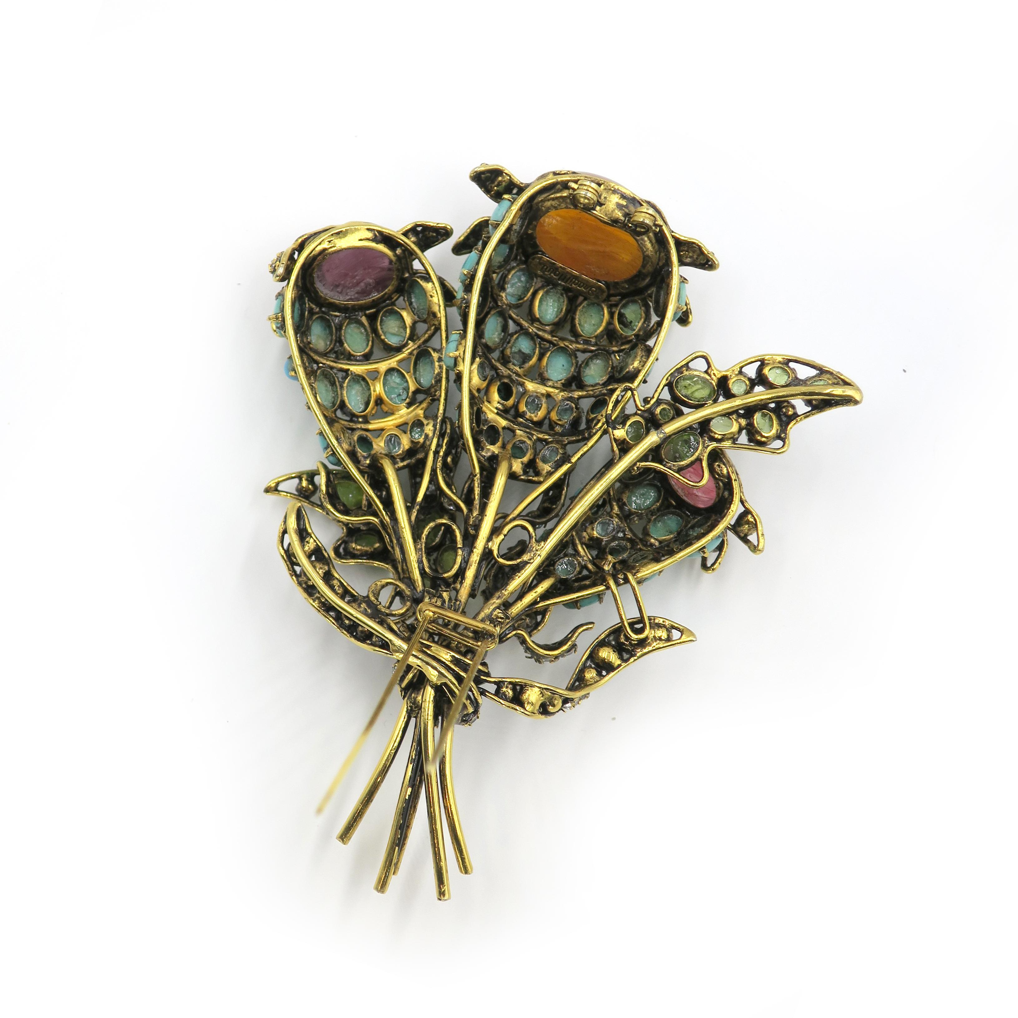 Vintage IRADJ MOINI Turquoise Peridot Glass Flower Fur Clip Brooch 1