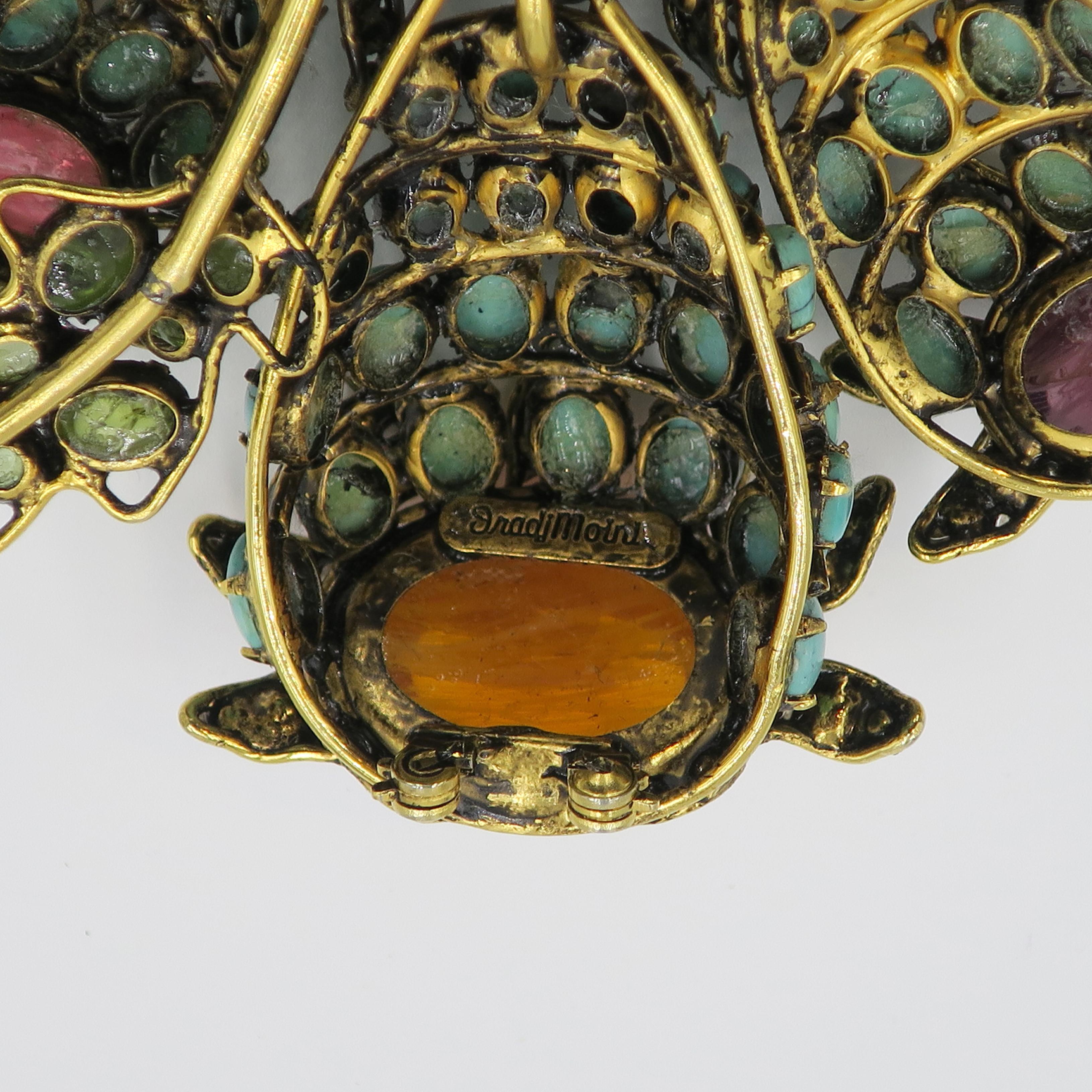 Vintage IRADJ MOINI Turquoise Peridot Glass Flower Fur Clip Brooch 2