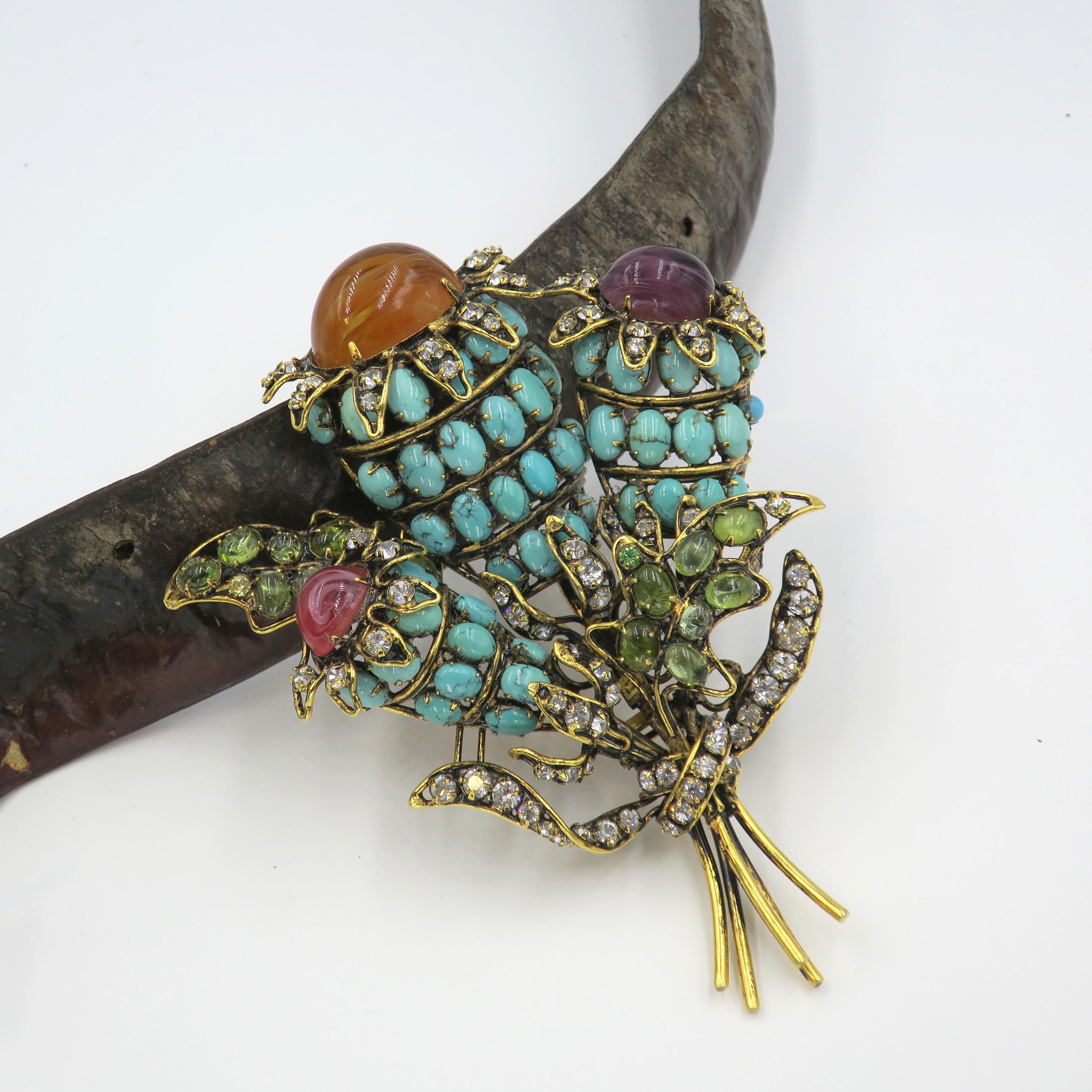 Vintage IRADJ MOINI Turquoise Peridot Glass Flower Fur Clip Brooch 3