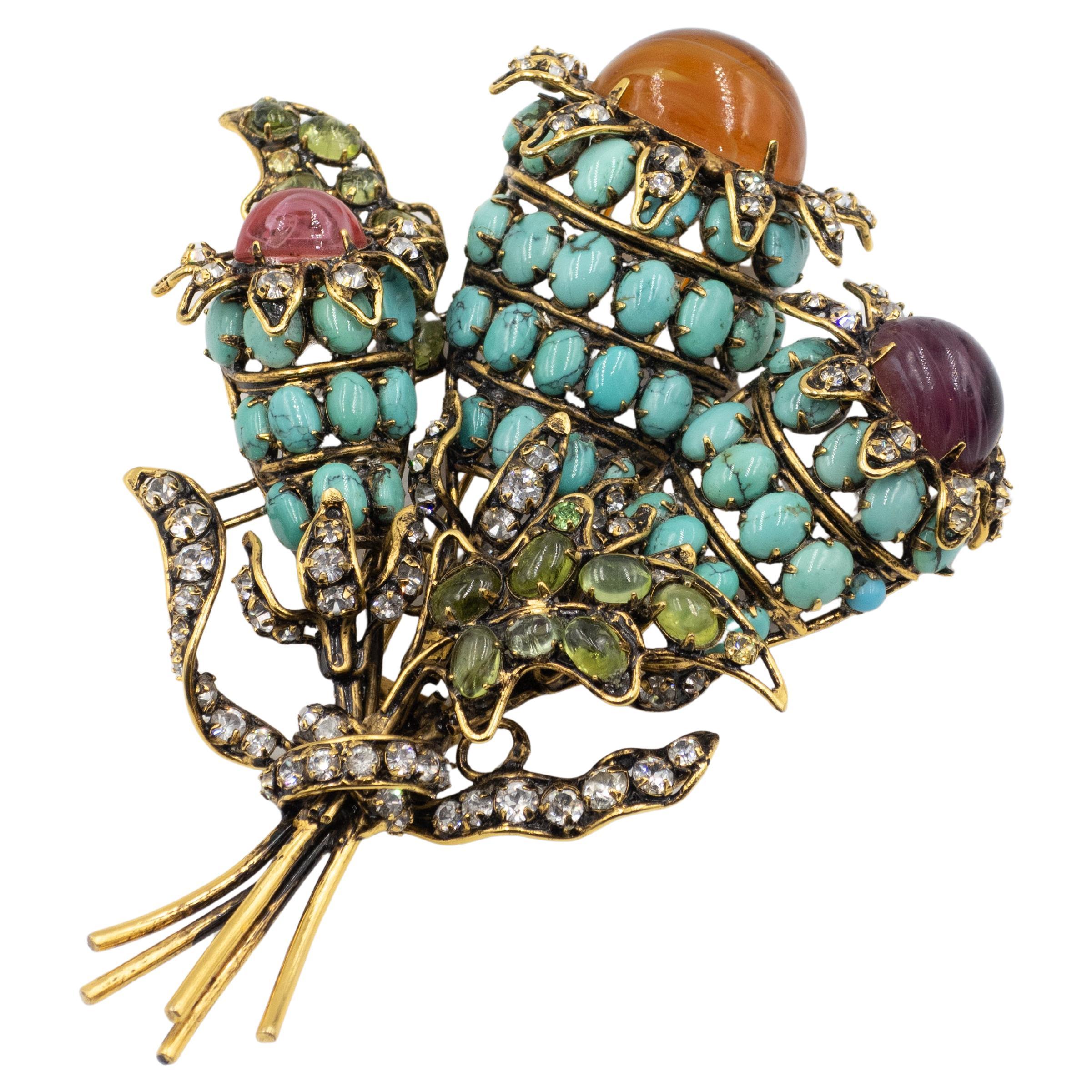 Vintage IRADJ MOINI Turquoise Peridot Glass Flower Fur Clip Brooch