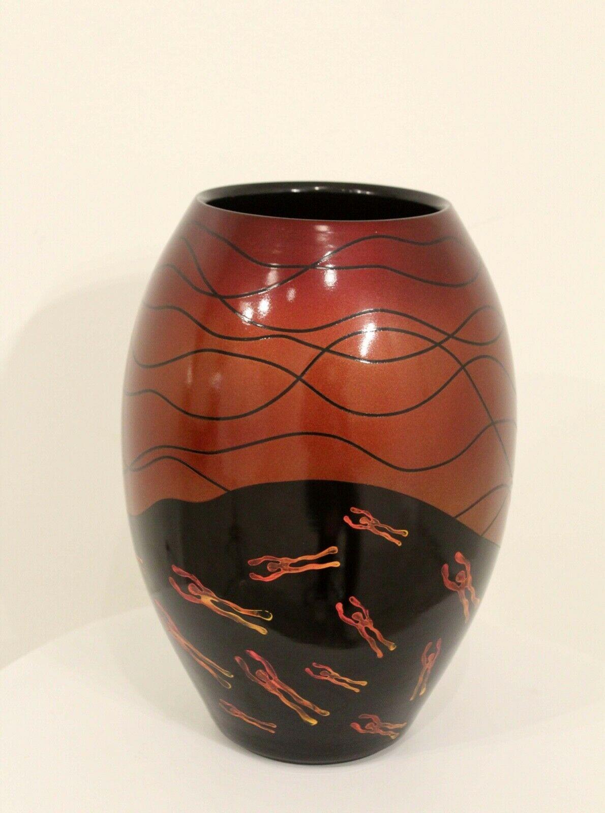 Vintage Iridescent Ceramic Vase Vessel Signed Figurative Motif In Good Condition For Sale In Keego Harbor, MI