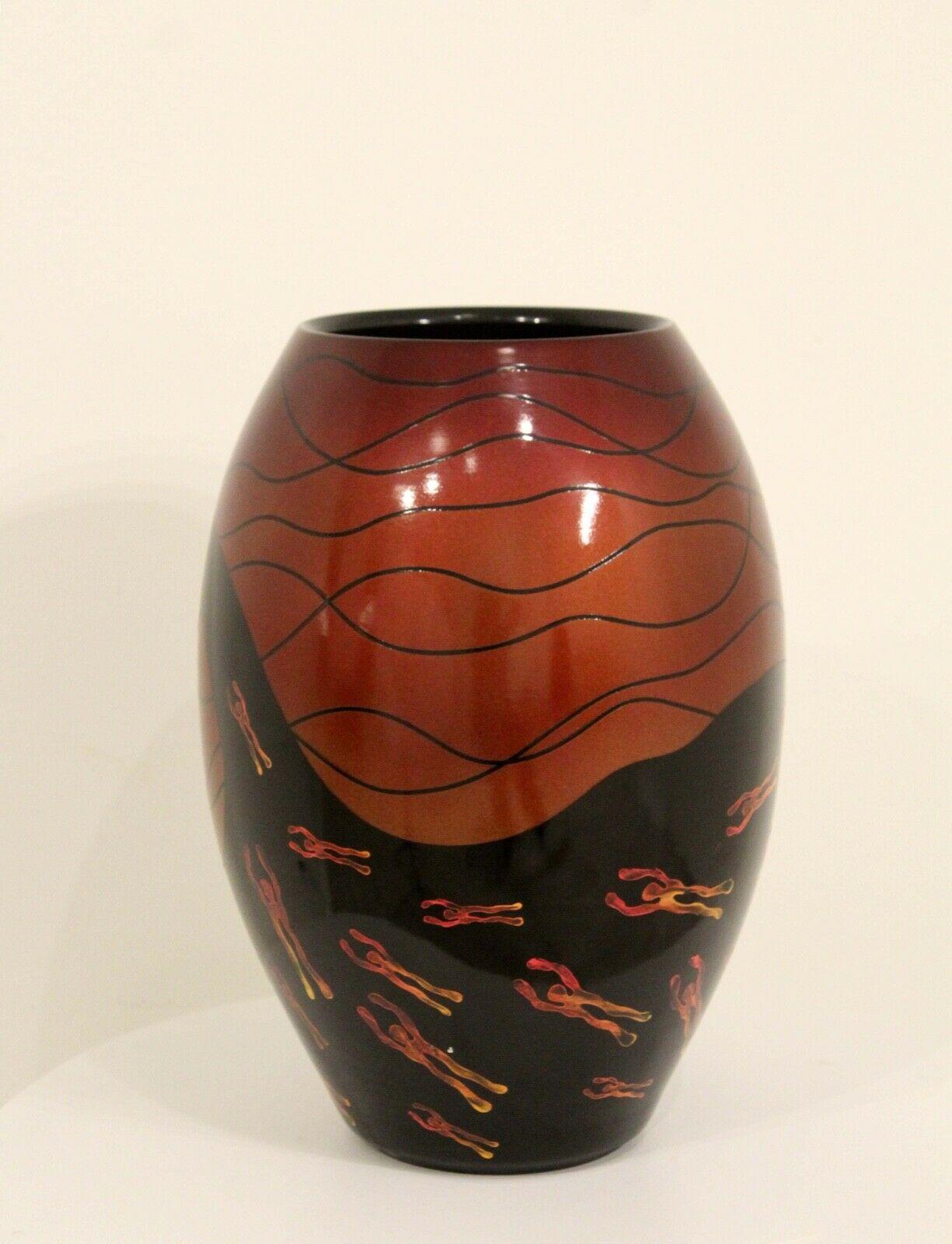 20th Century Vintage Iridescent Ceramic Vase Vessel Signed Figurative Motif For Sale