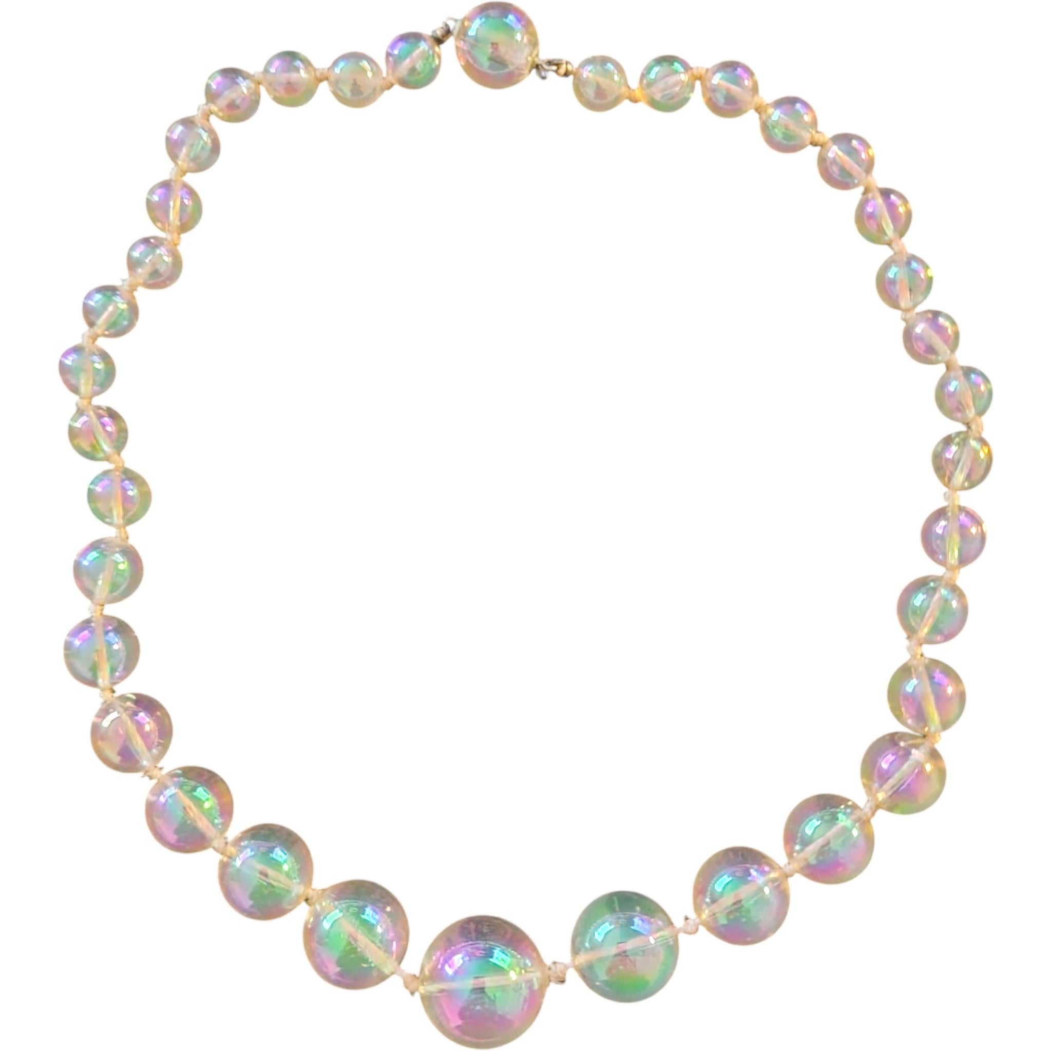 Vintage Iridescent Glass Bead Necklace with Sterling Clasp For Sale