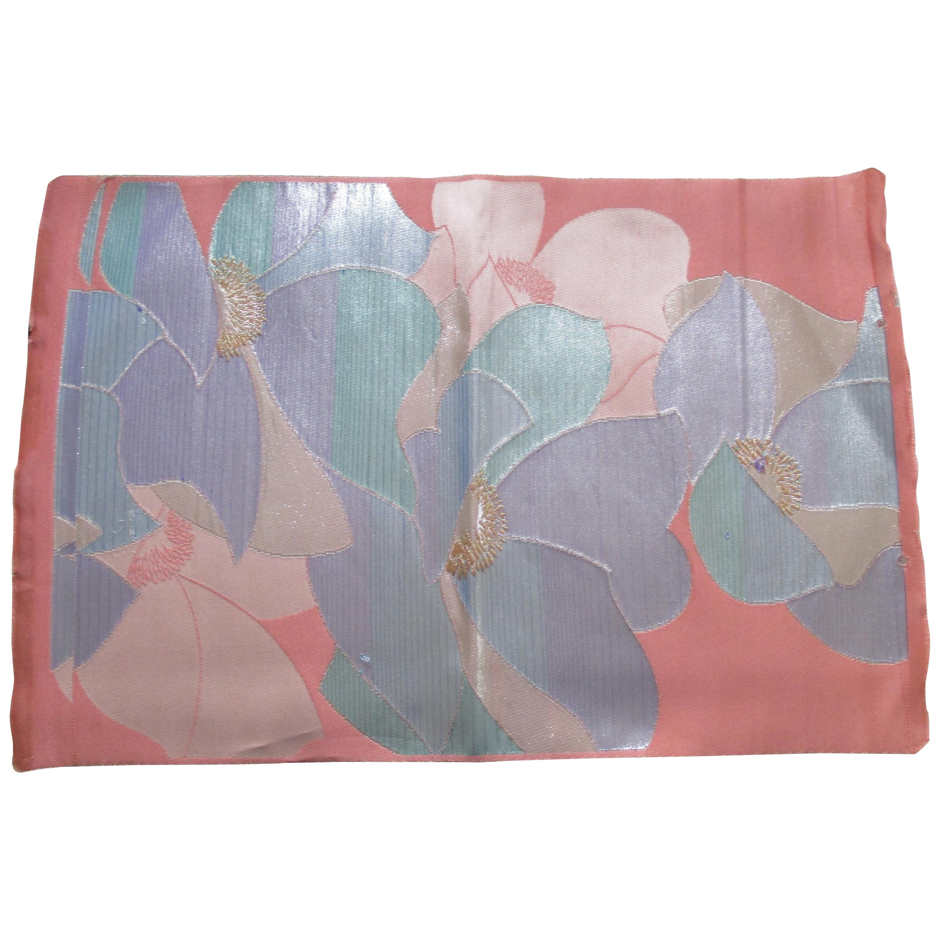 Vintage Iridescent Green and Pink Floral Obi Silk Floral Textile