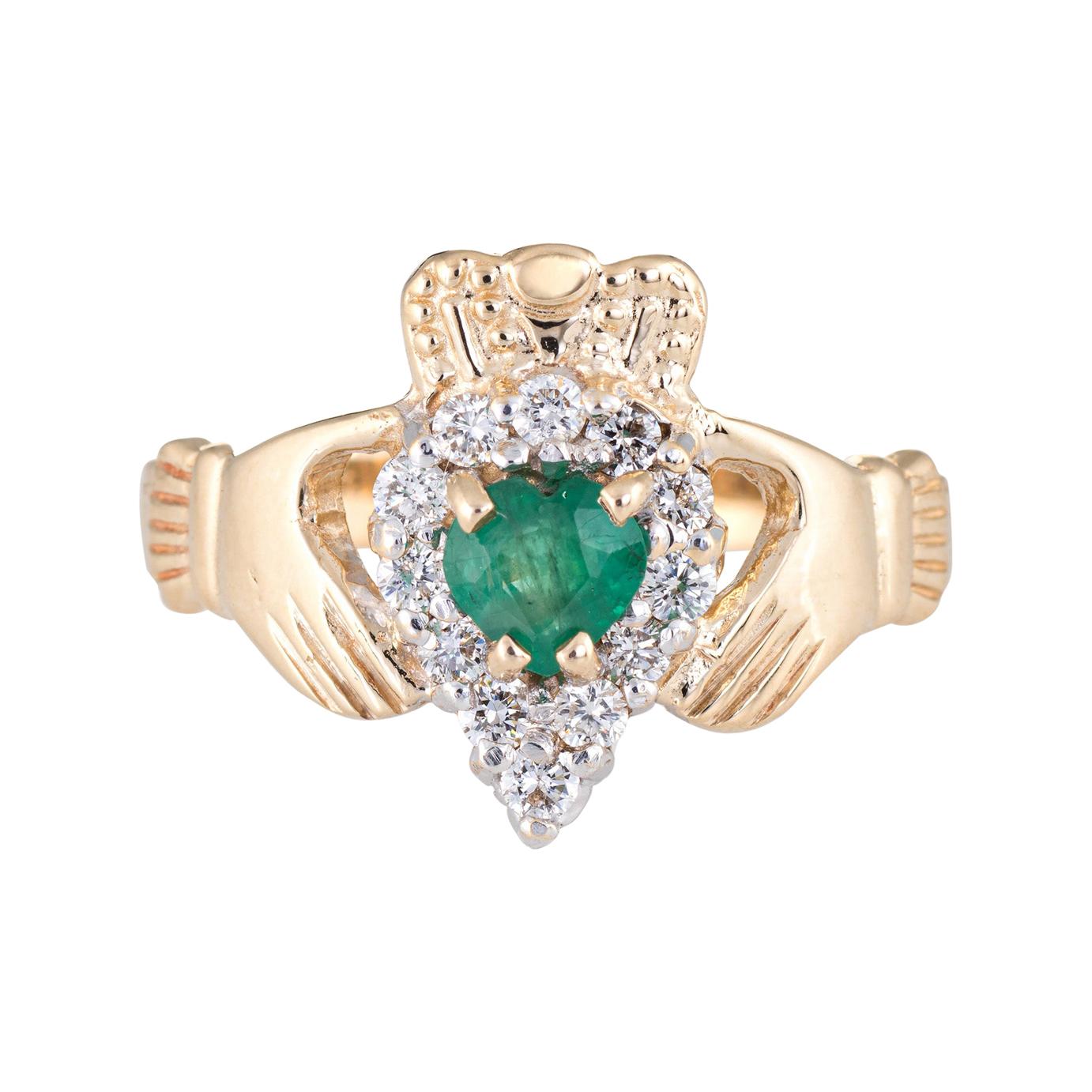 Vintage Irish Claddagh Ring Emerald Diamond 14 Karat Gold Love Jewelry Estate