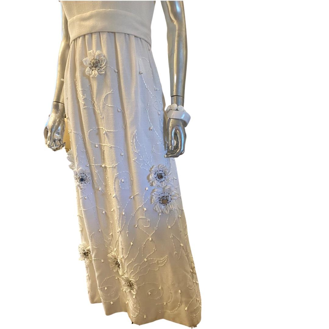 Vintage Custom Irish Linen Embellished Floral Maxi Dress by Truly Social Size 8 For Sale 5