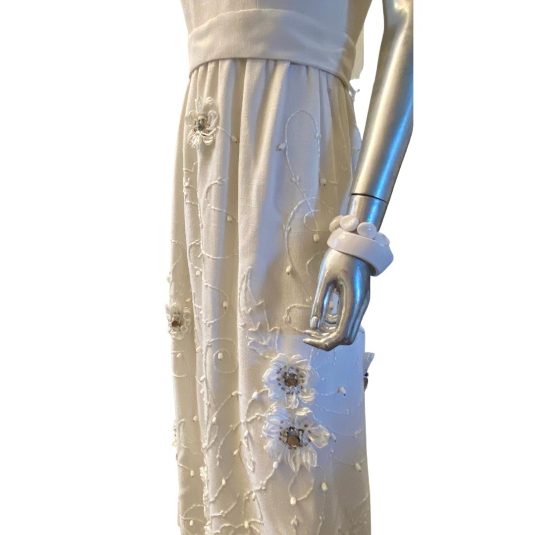 Vintage Custom Irish Linen Embellished Floral Maxi Dress by Truly Social Size 8 For Sale 8