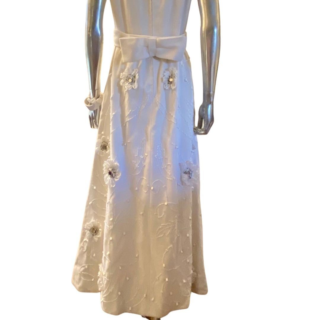 Gray Vintage Custom Irish Linen Embellished Floral Maxi Dress by Truly Social Size 8 For Sale