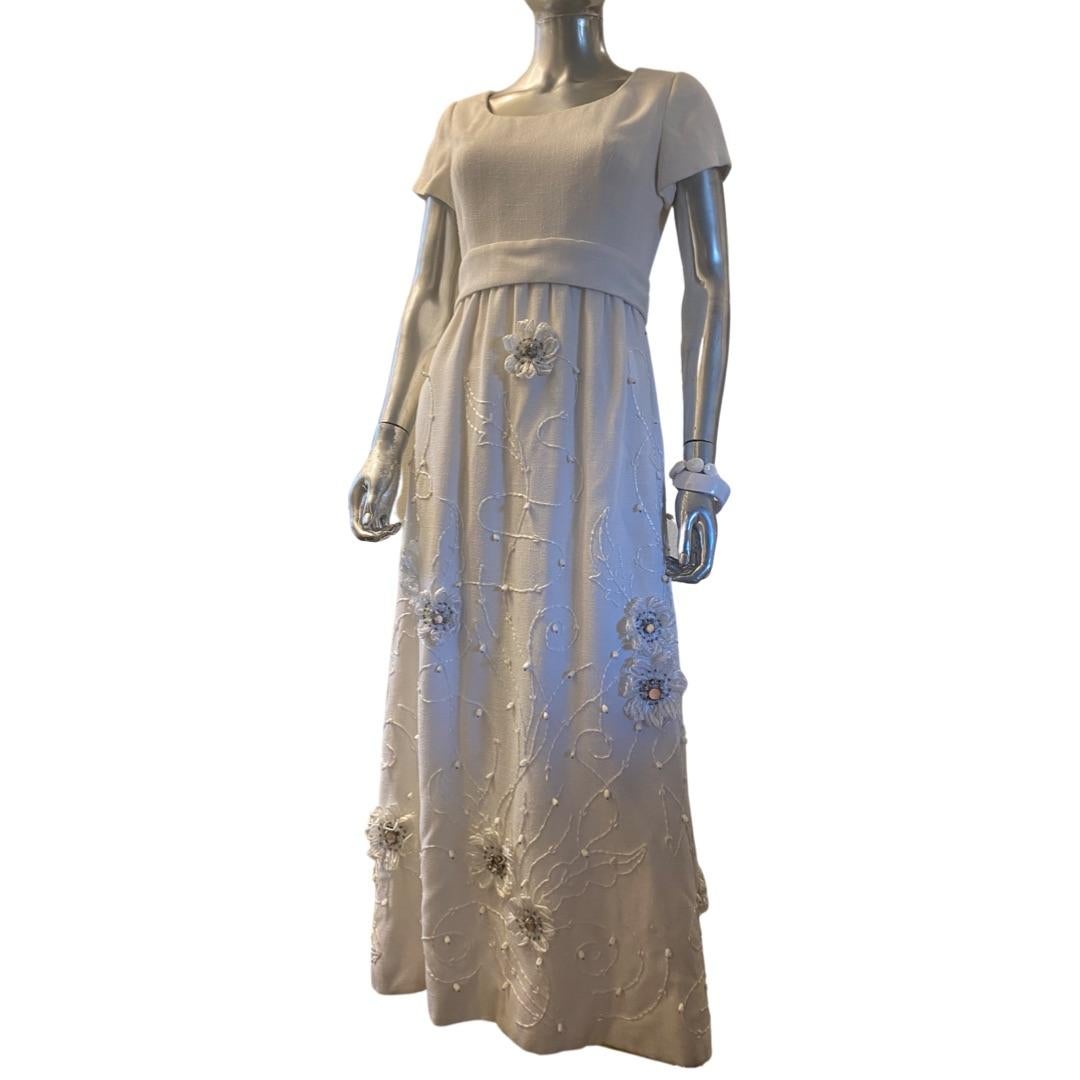 Vintage Custom Irish Linen Embellished Floral Maxi Dress by Truly Social Size 8 For Sale 1