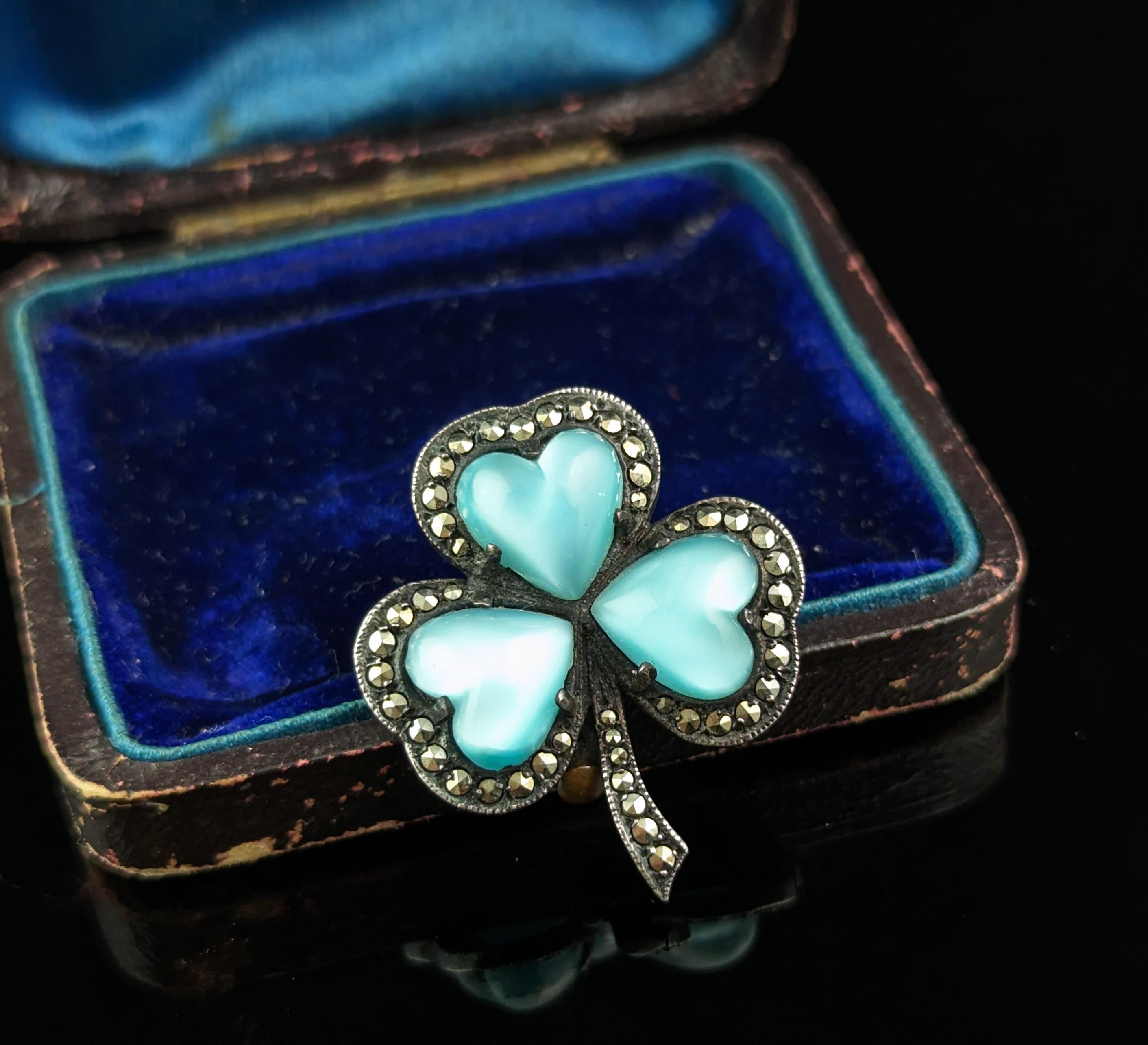 Vintage Irish shamrock brooch, Sterling silver, Marcasite and Paste hearts  For Sale 6