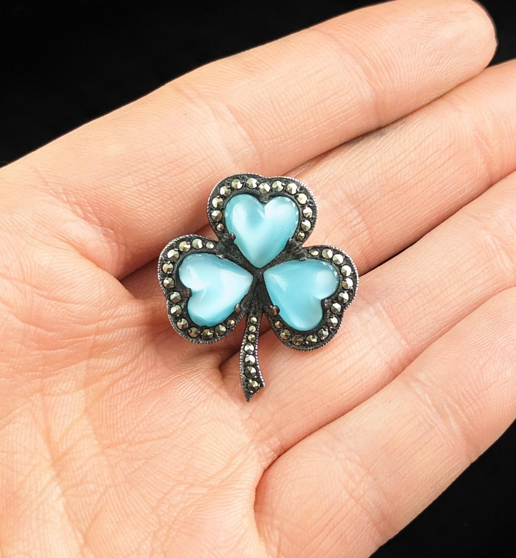 Retro Vintage Irish shamrock brooch, Sterling silver, Marcasite and Paste hearts  For Sale