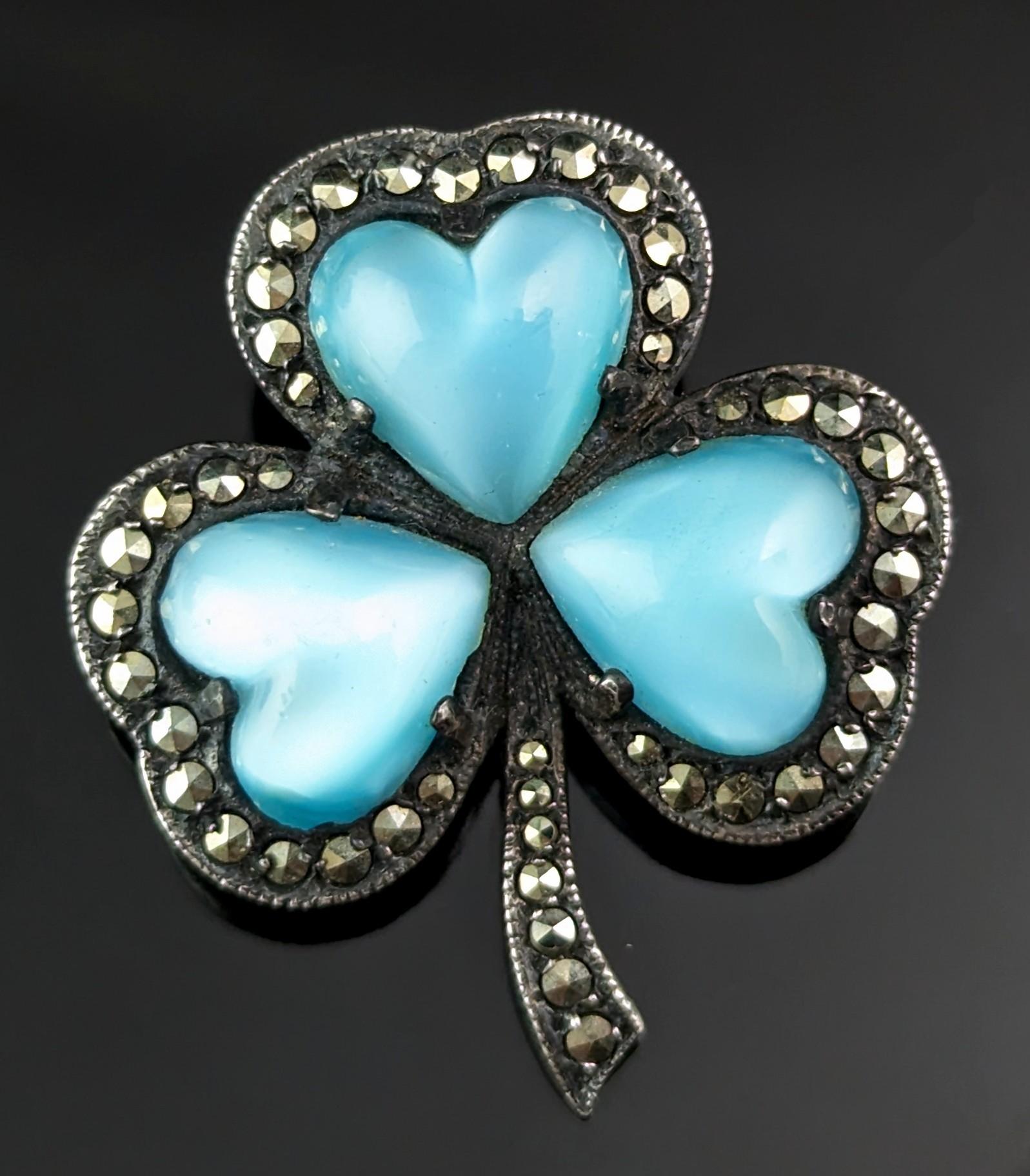 Rose Cut Vintage Irish shamrock brooch, Sterling silver, Marcasite and Paste hearts  For Sale