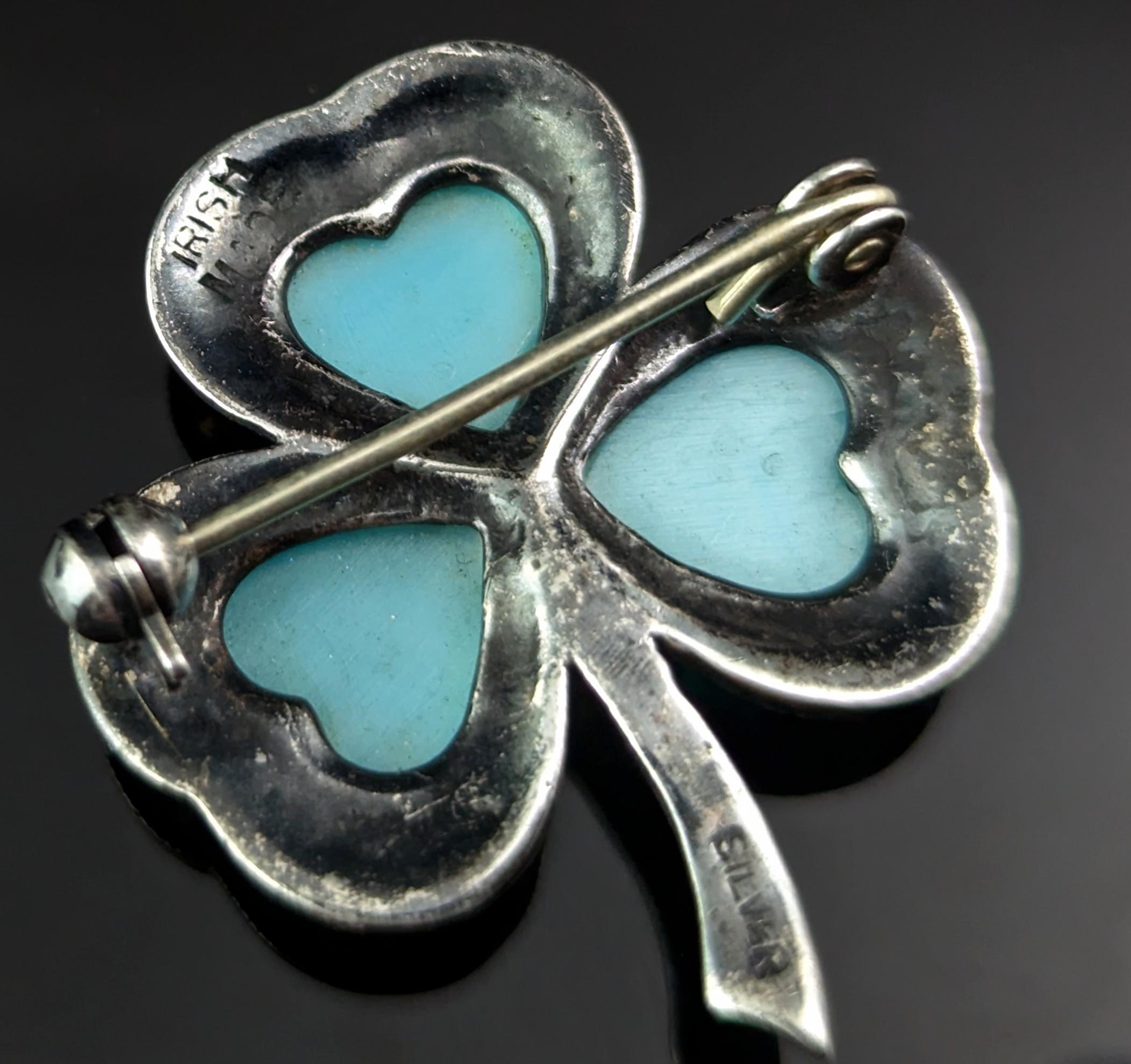 Vintage Irish shamrock brooch, Sterling silver, Marcasite and Paste hearts  For Sale 1