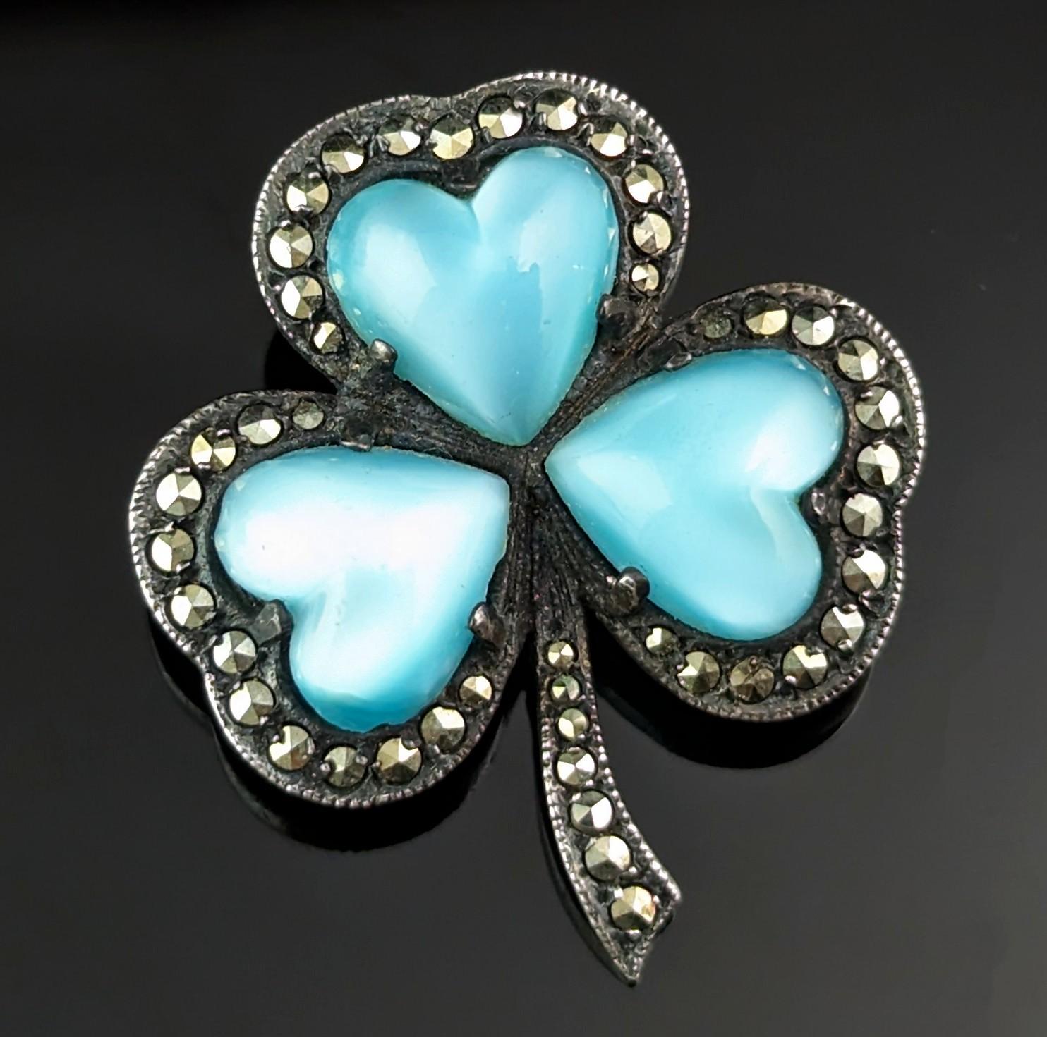 Vintage Irish shamrock brooch, Sterling silver, Marcasite and Paste hearts  For Sale 2
