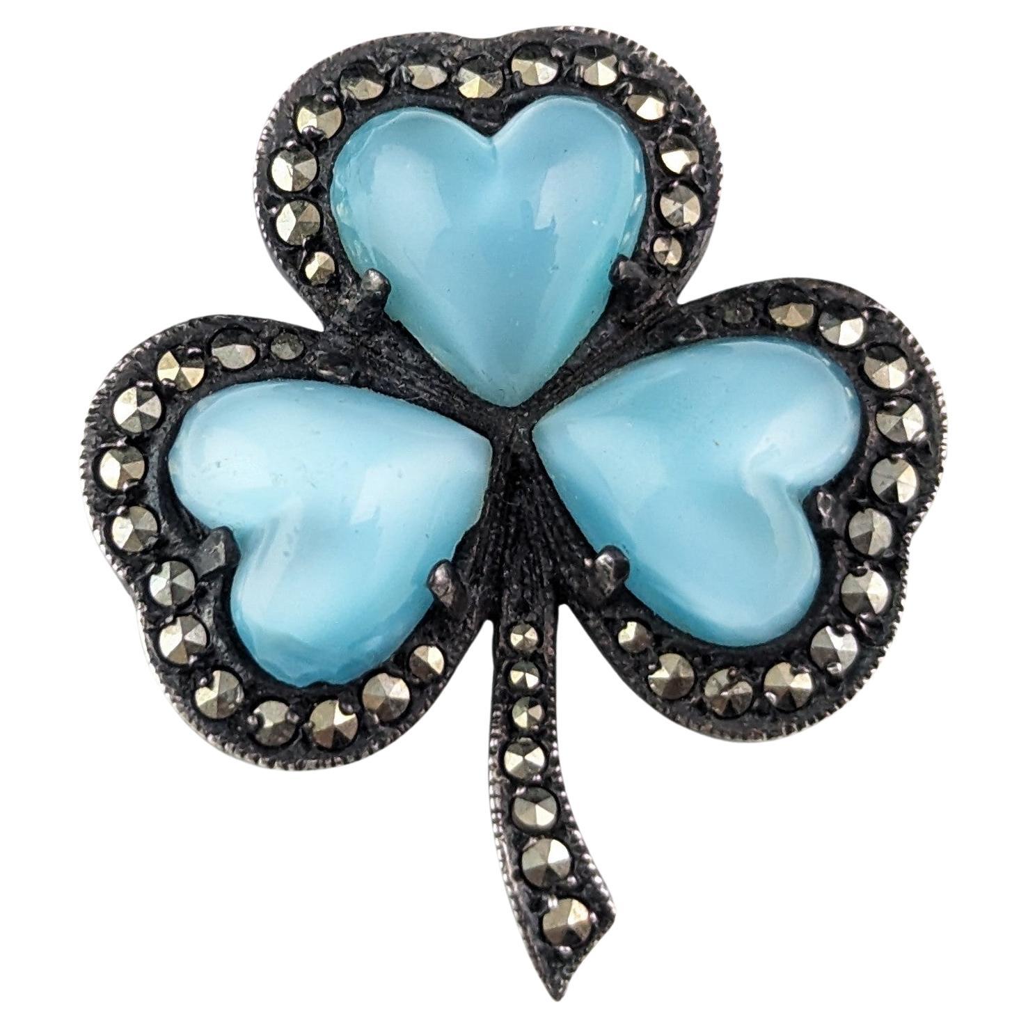 Vintage Irish shamrock brooch, Sterling silver, Marcasite and Paste hearts  For Sale