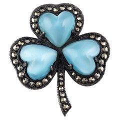 Used Irish shamrock brooch, Sterling silver, Marcasite and Paste hearts 