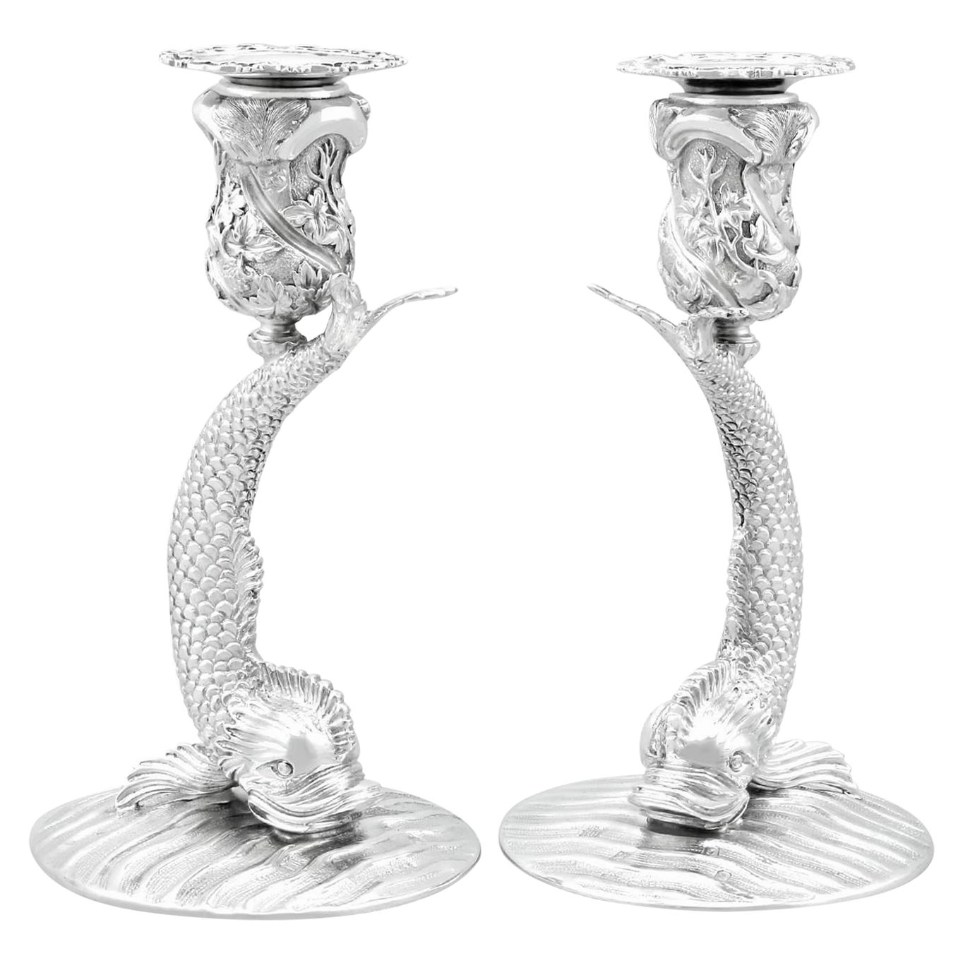 Bougeoirs Vintage Irlandais en Argent Sterling avec Poisson