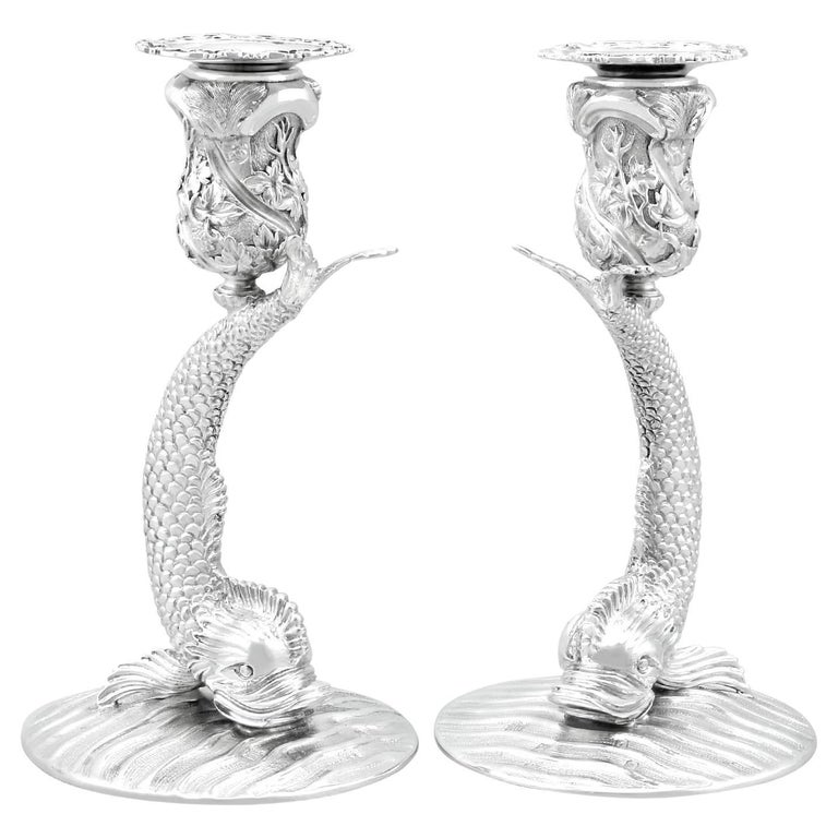 Vintage Irish Sterling Silver Fish Candlesticks For Sale at 1stDibs