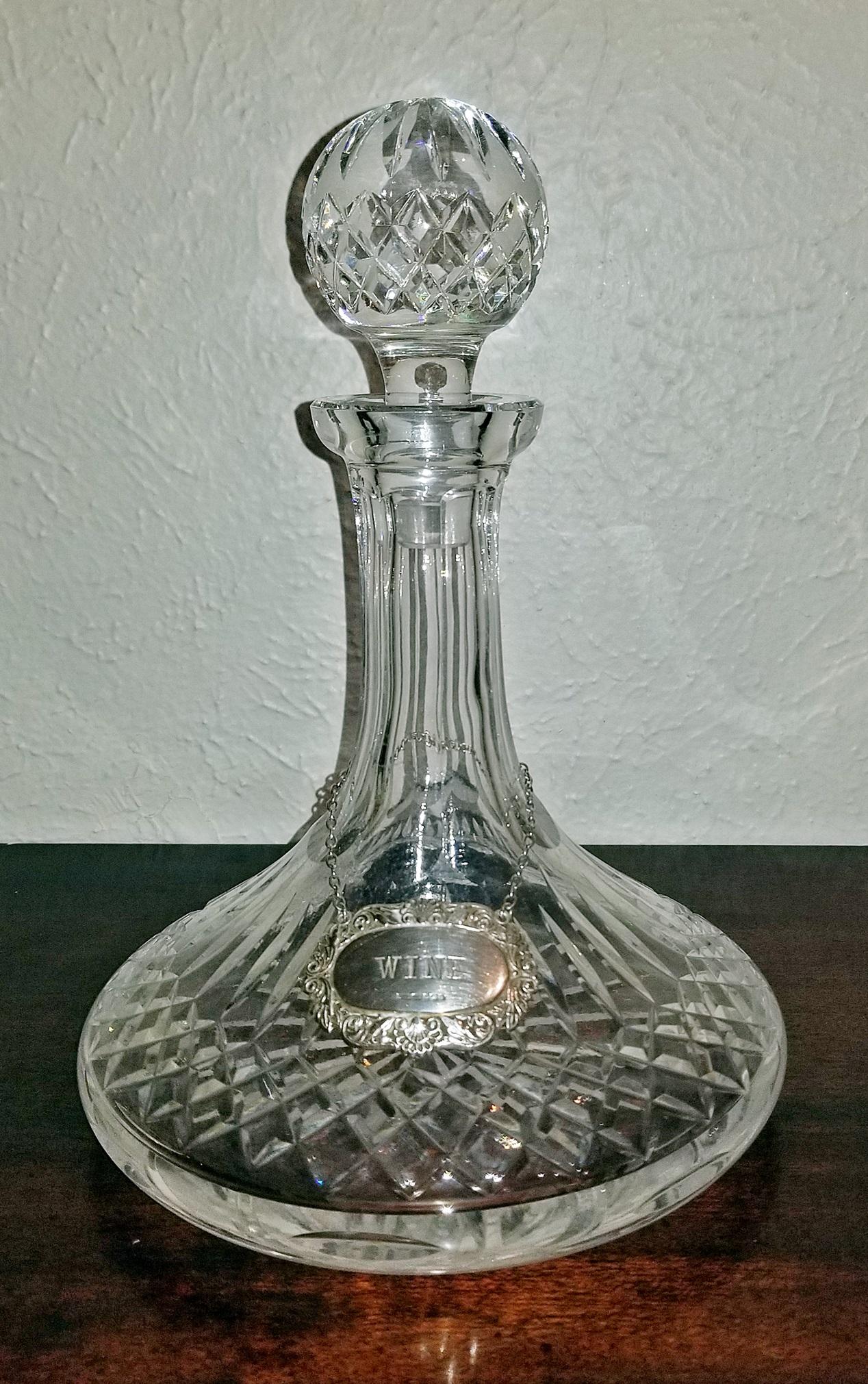 Hand-Crafted Vintage Irish Waterford Crystal Ships Decanter with Solid Silver Wine Label