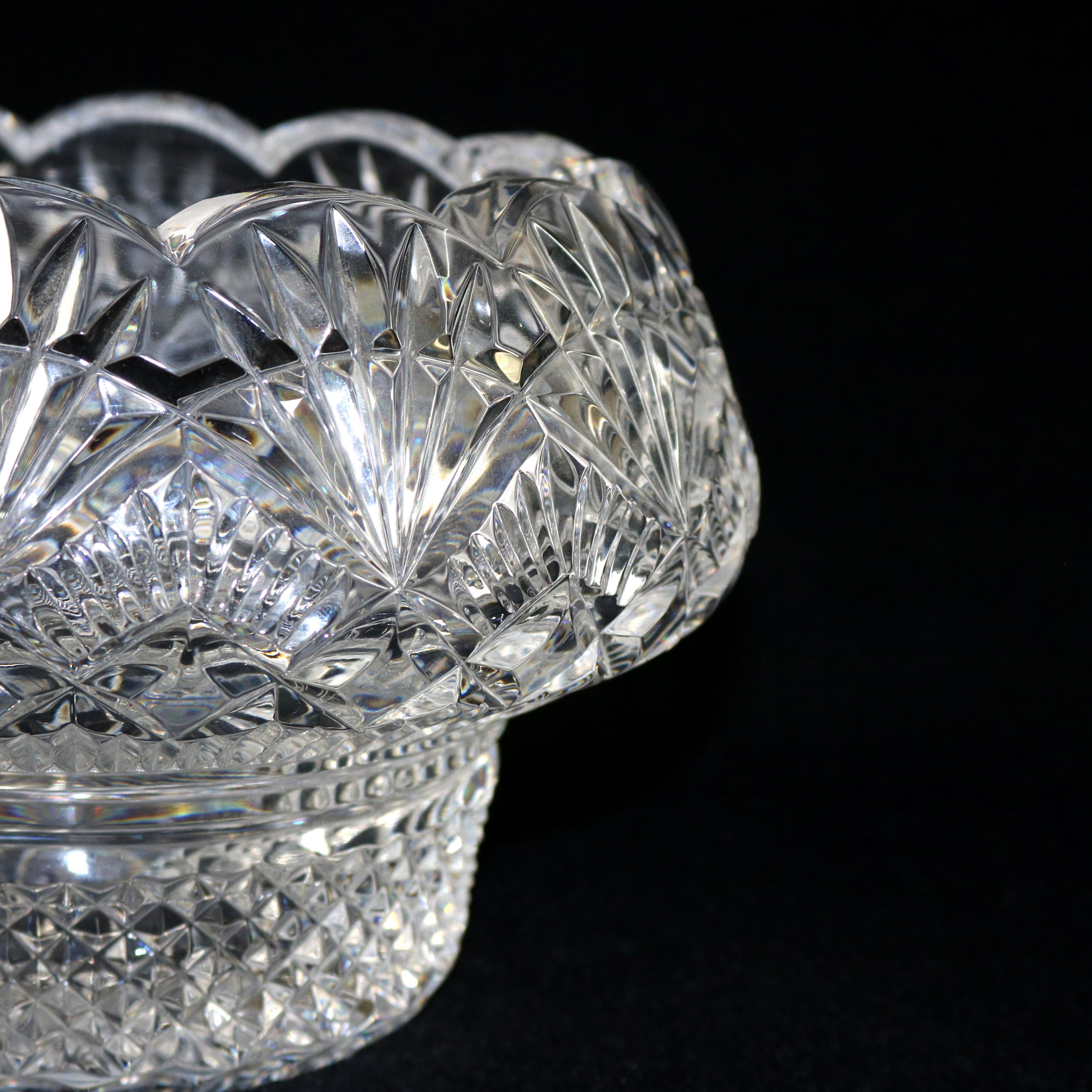 A vintage Irish Waterford School cut crystal center bowl offers floral form with pedestal having diamond pattern, 20th century

***DELIVERY NOTICE – Due to COVID-19 we are employing NO-CONTACT PRACTICES in the transfer of purchased items. 