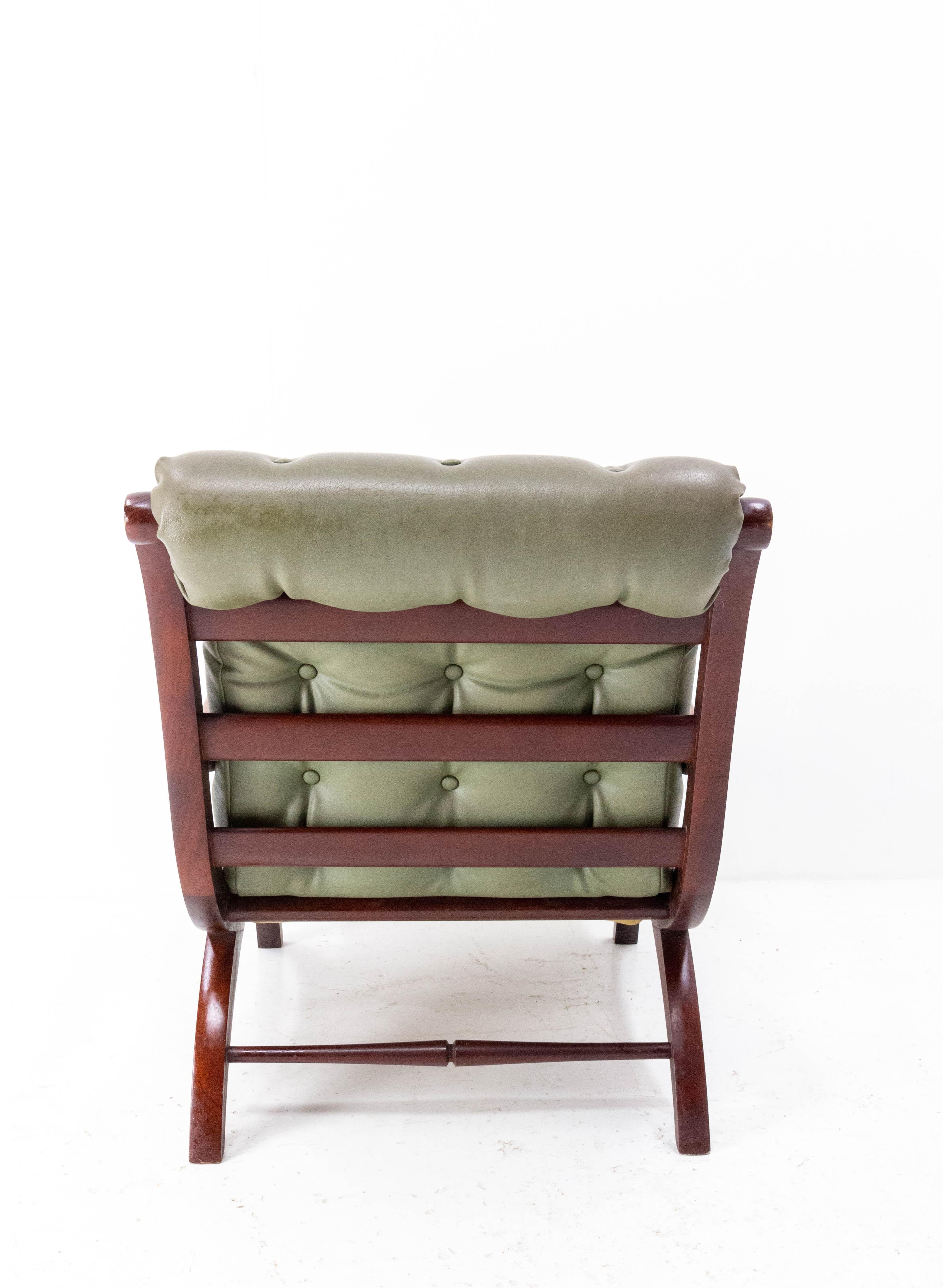 20th Century Vintage Iroko Open Armchair with Deep Padded Skai Cushions, English 1960 For Sale