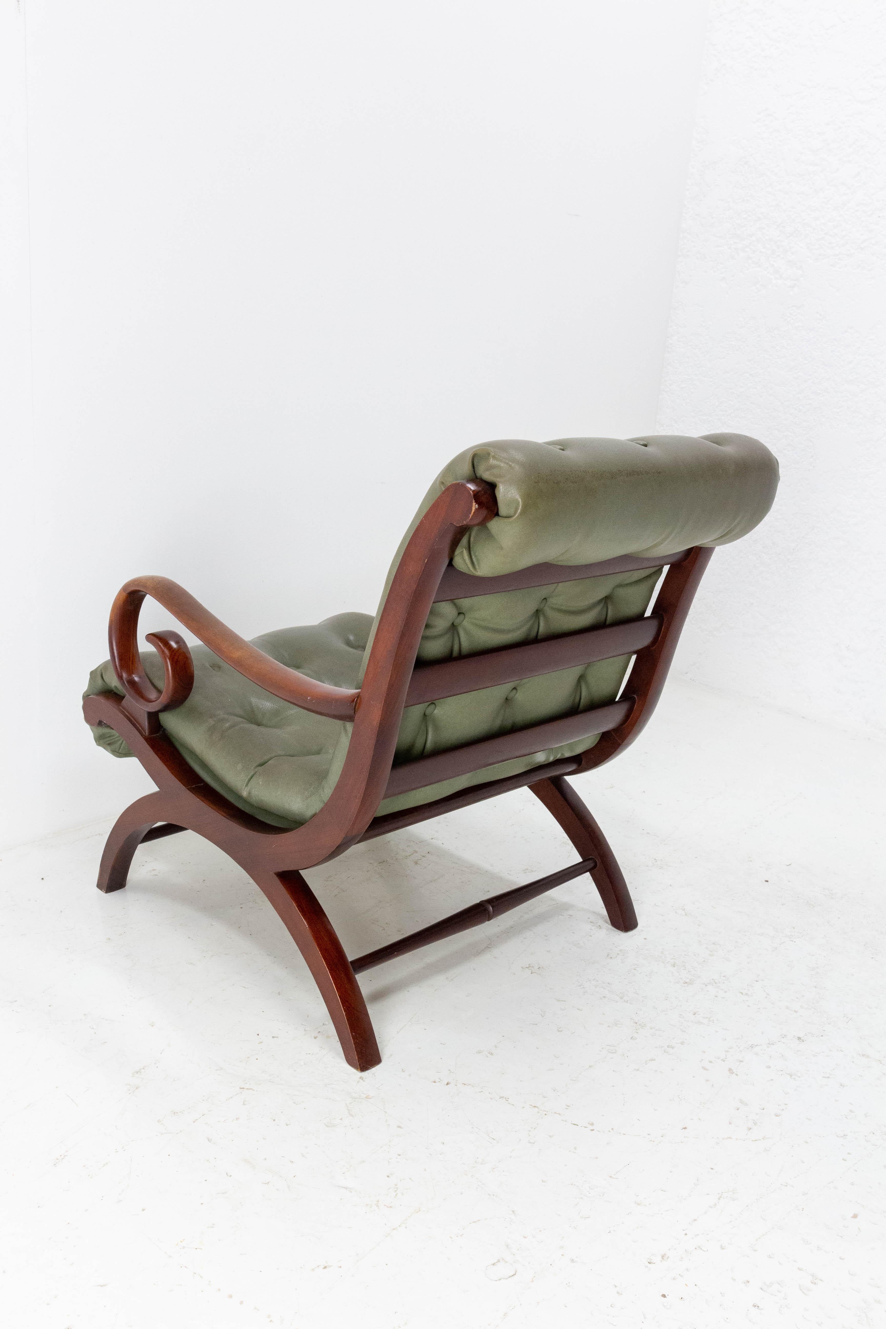 Wood Vintage Iroko Open Armchair with Deep Padded Skai Cushions, English 1960 For Sale