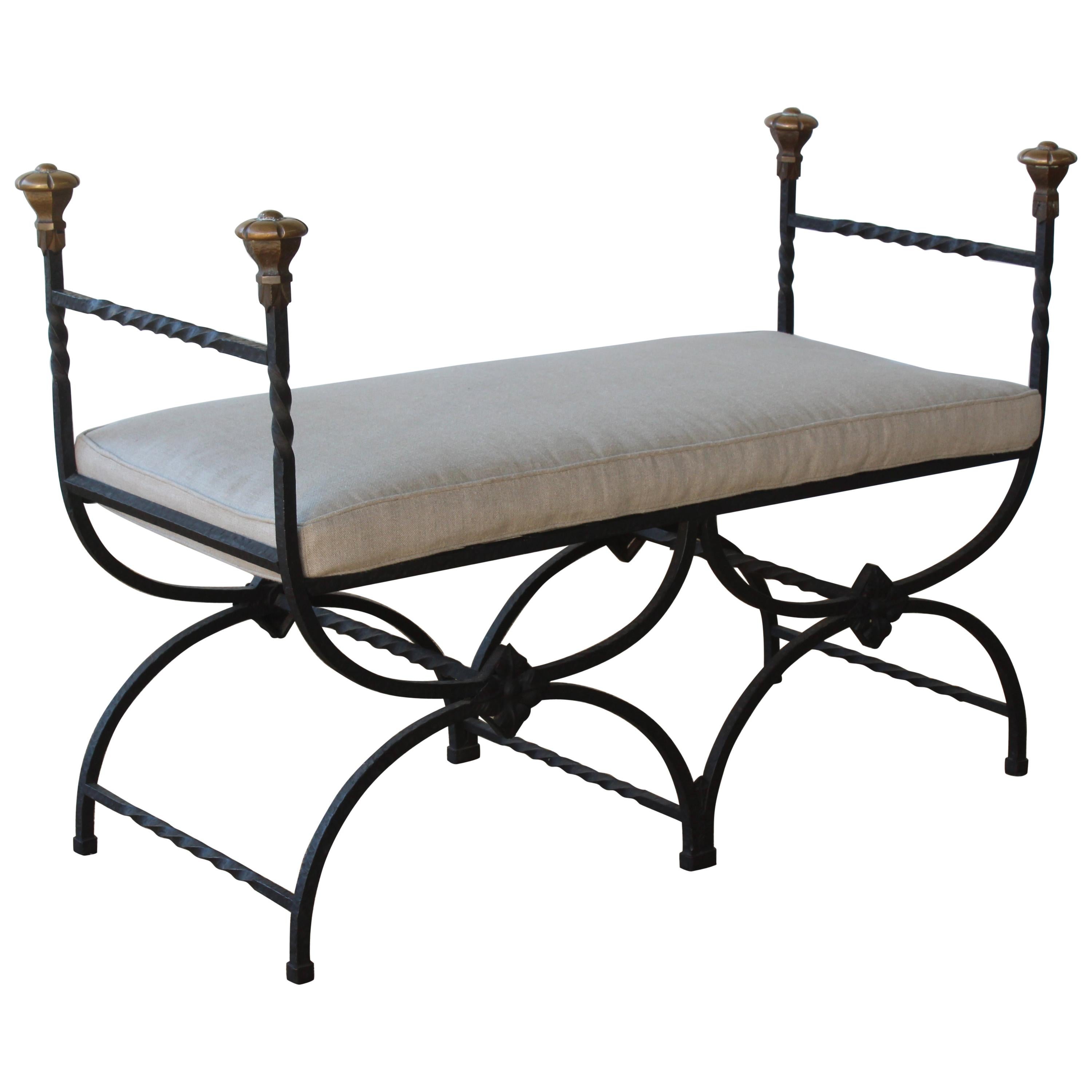 Vintage Iron and Bronze Savonarola Bench, Spain, 1930s