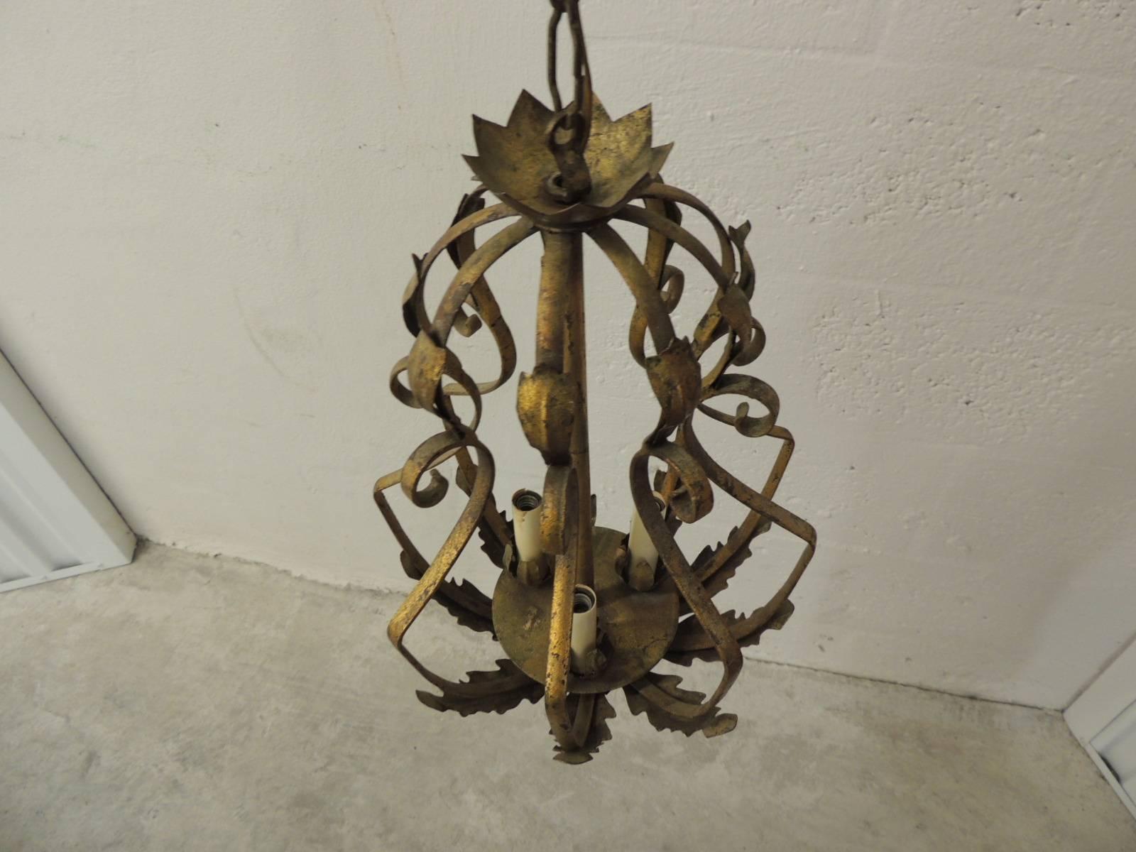 Art Deco Vintage Iron and Gold Leaf Forged Hanging Lantern