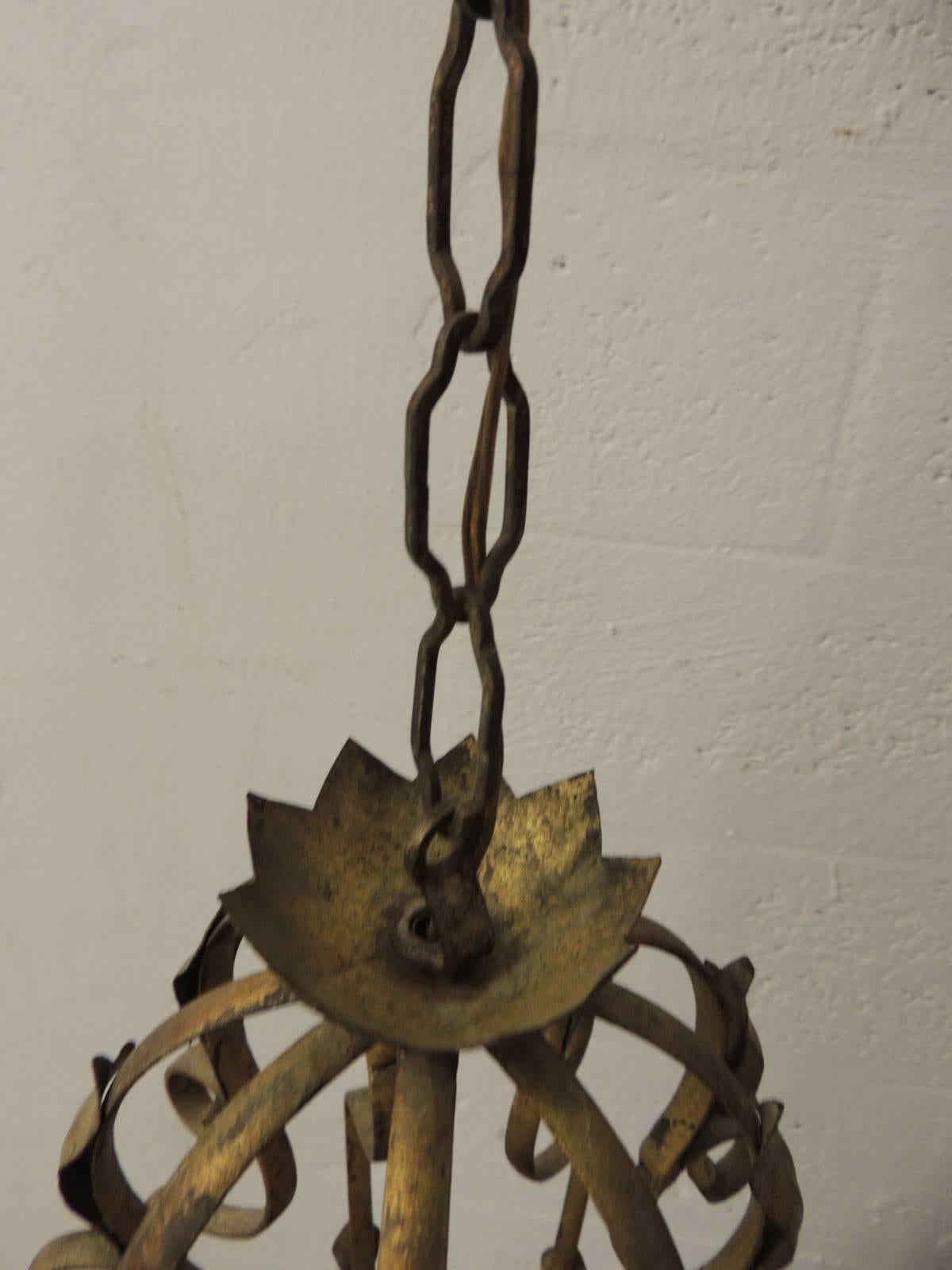 Italian Vintage Iron and Gold Leaf Forged Hanging Lantern