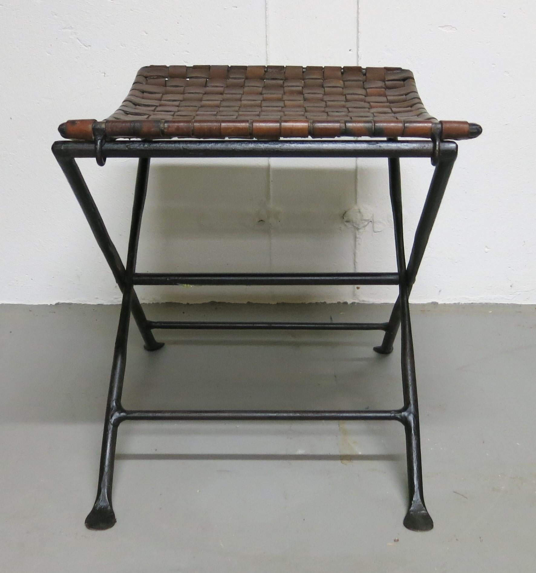 American Vintage Iron and Leather Folding Stool
