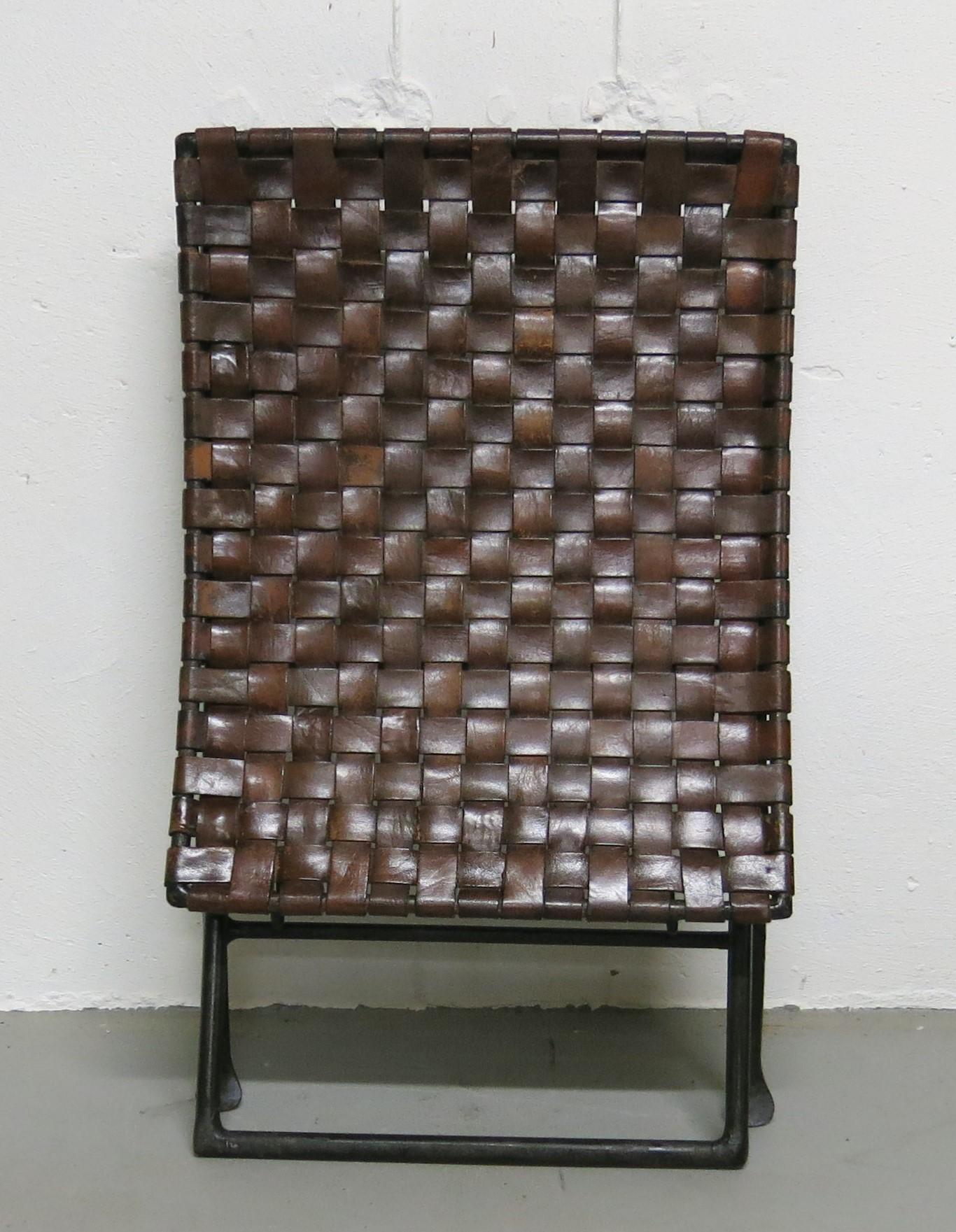 Vintage Iron and Leather Folding Stool In Good Condition In Newtown, CT