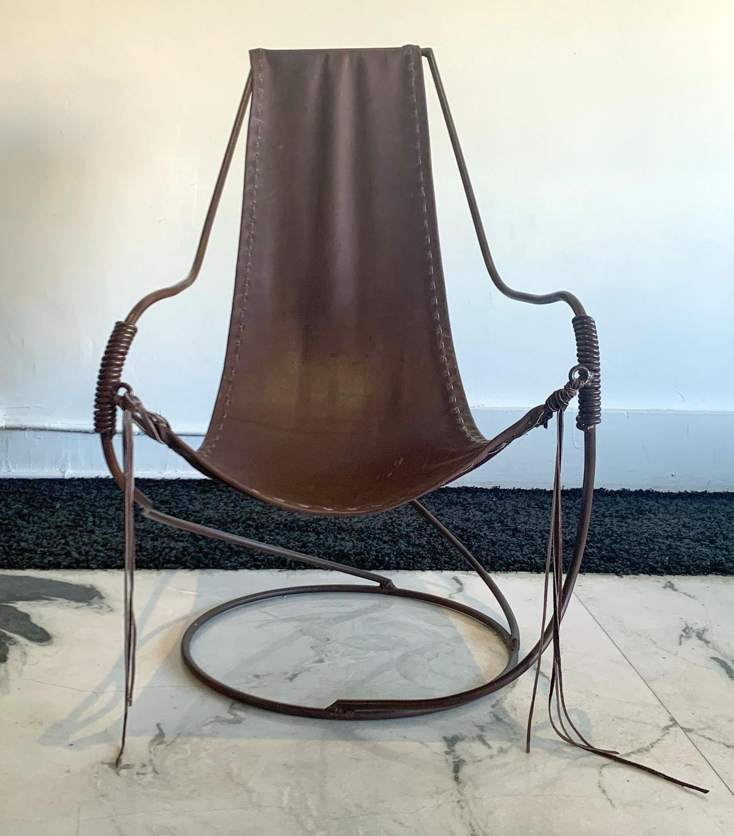 Modern Vintage Iron and Leather Sling Chair