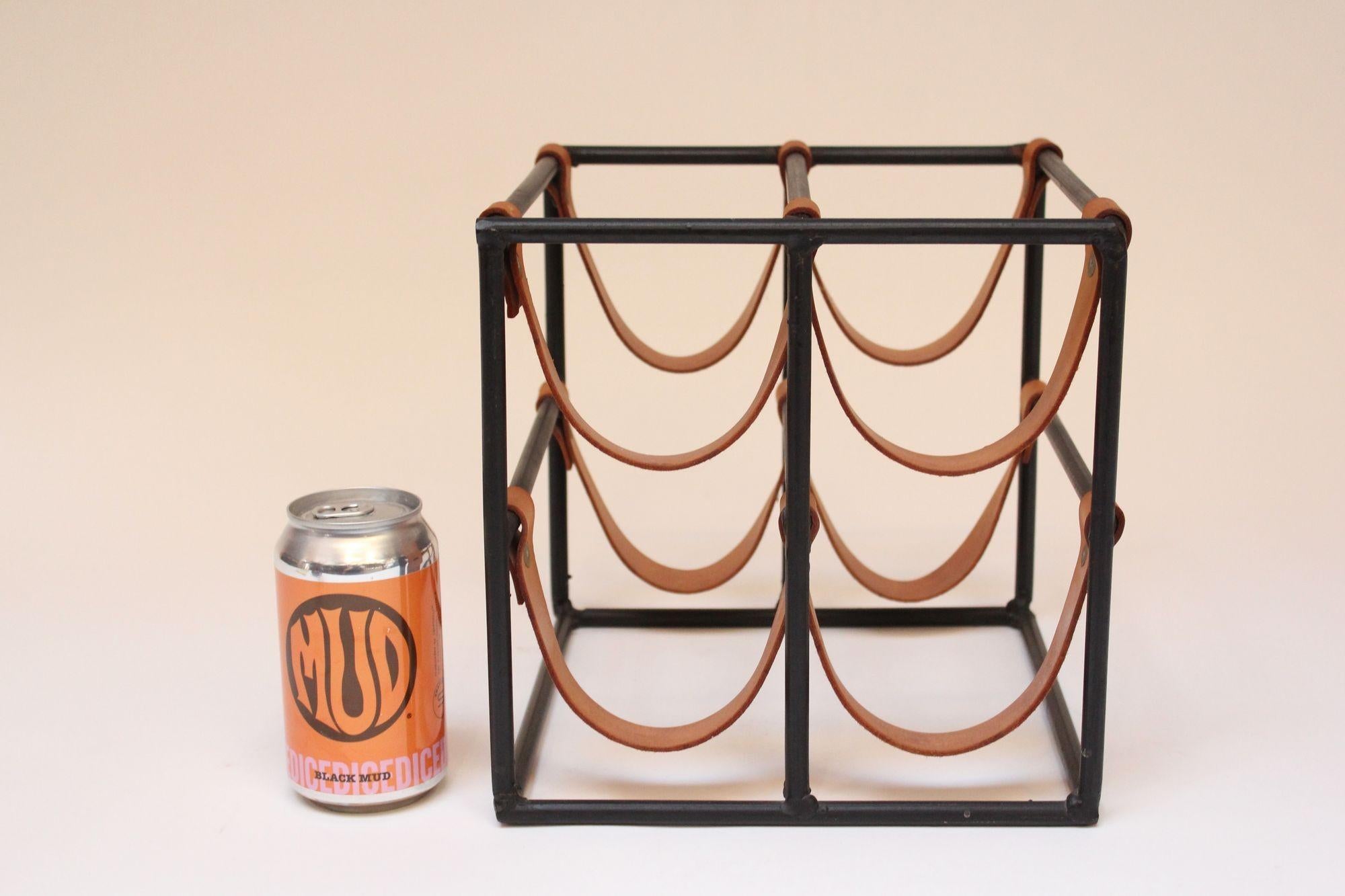 Mid-Century Modern Vintage Iron and Leather Wine Rack by Arthur Umanoff For Sale