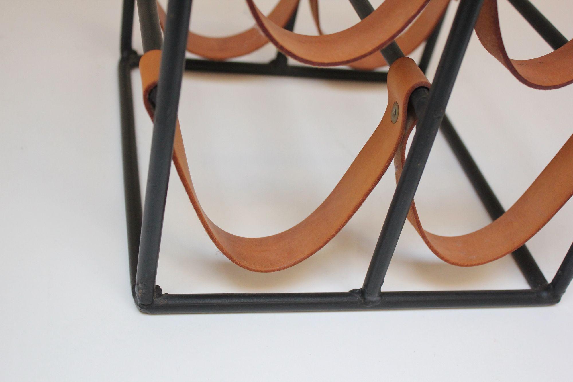 Vintage Iron and Leather Wine Rack by Arthur Umanoff In Good Condition For Sale In Brooklyn, NY