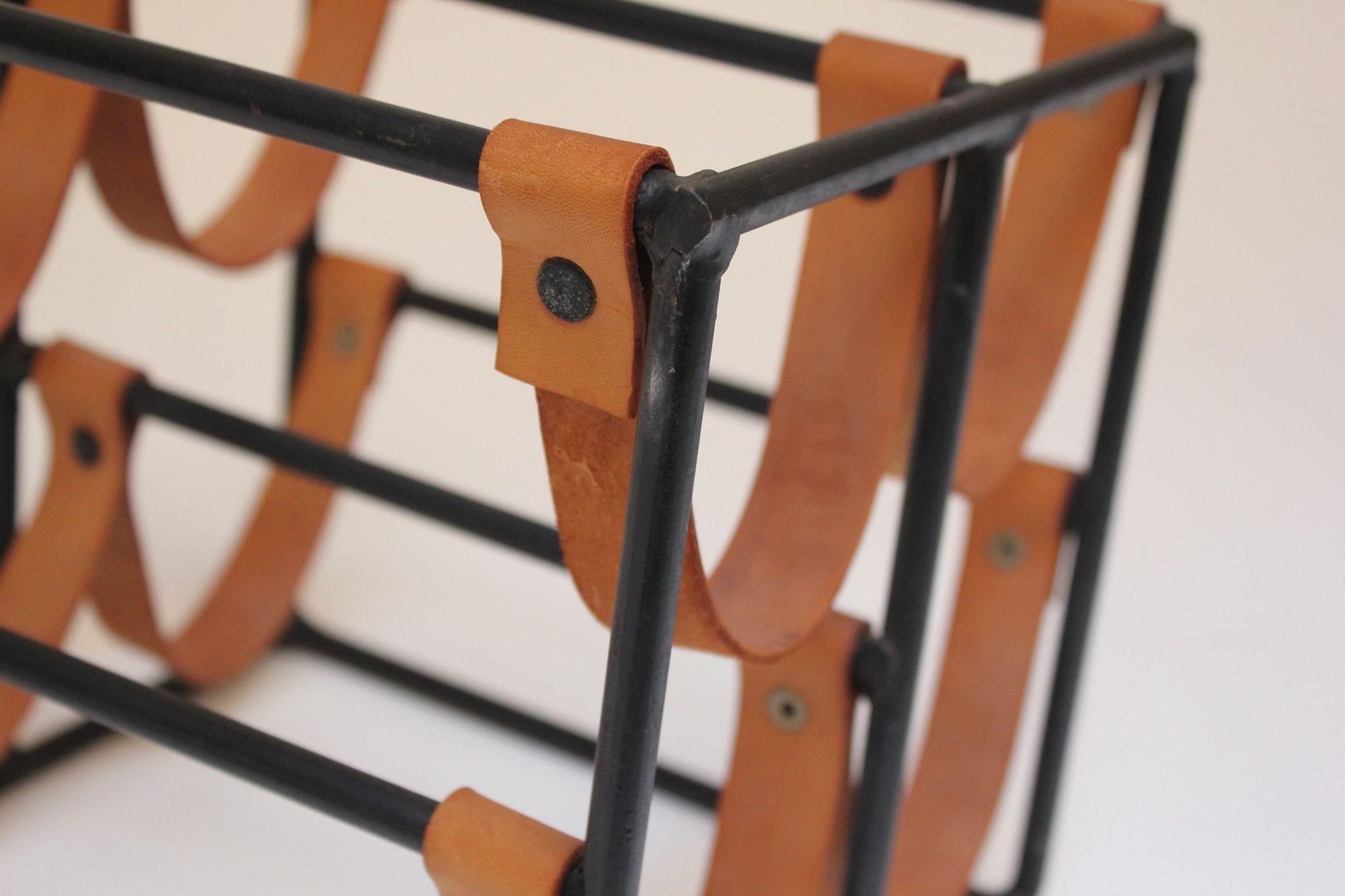 Mid-20th Century Vintage Iron and Leather Wine Rack by Arthur Umanoff For Sale