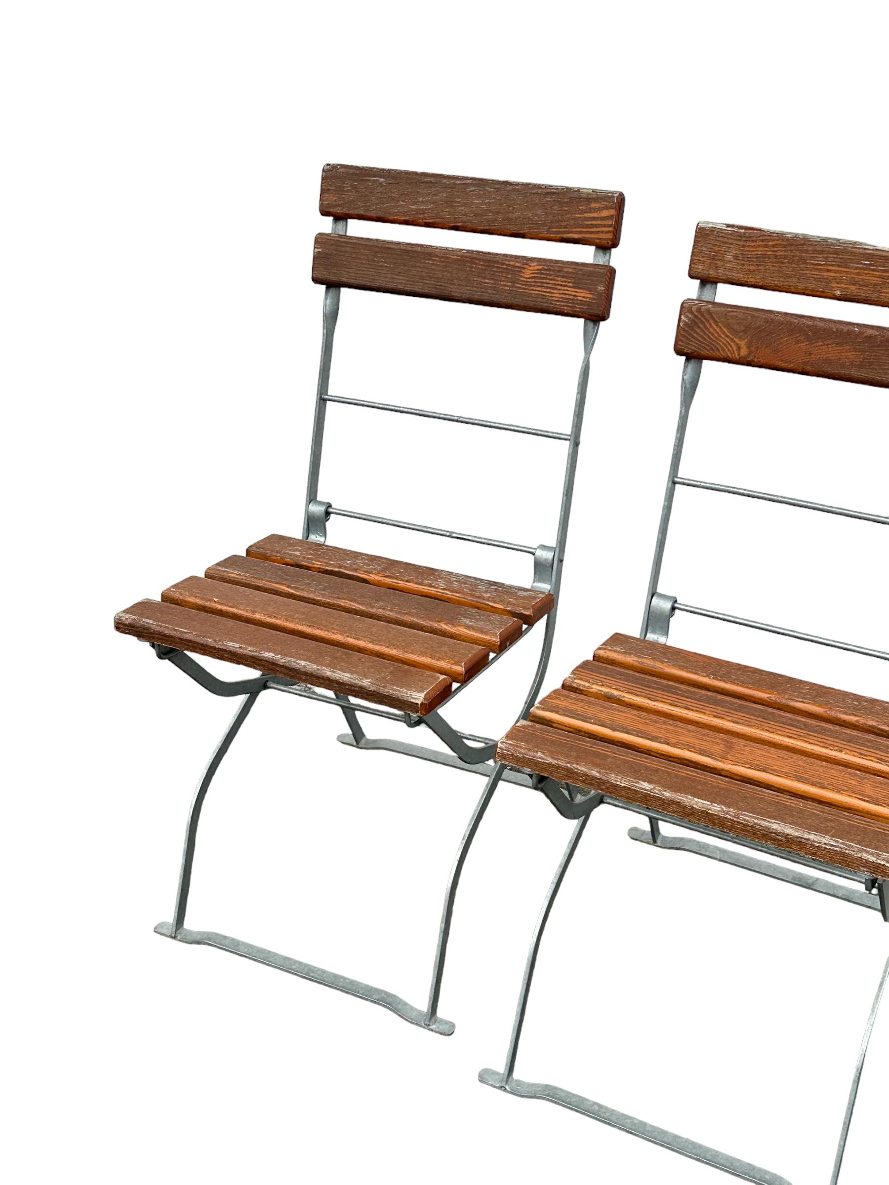 Vintage Iron and Oak Bavarian Beer Garden Folding Chairs and Table Set Germany For Sale 2