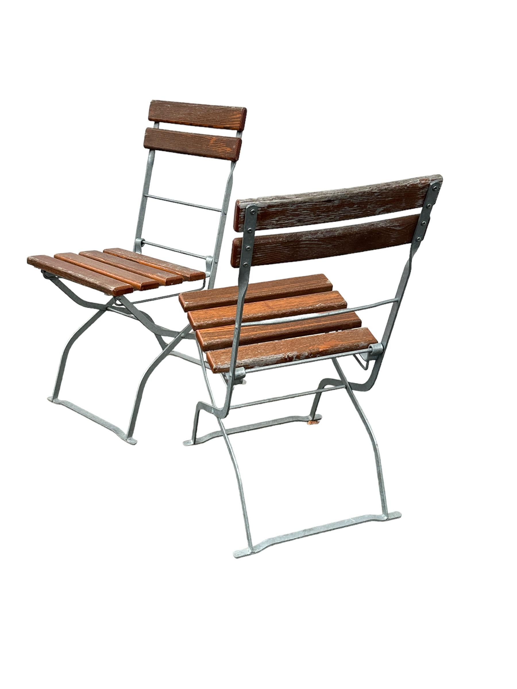 Vintage Iron and Oak Bavarian Beer Garden Folding Chairs and Table Set Germany For Sale 3