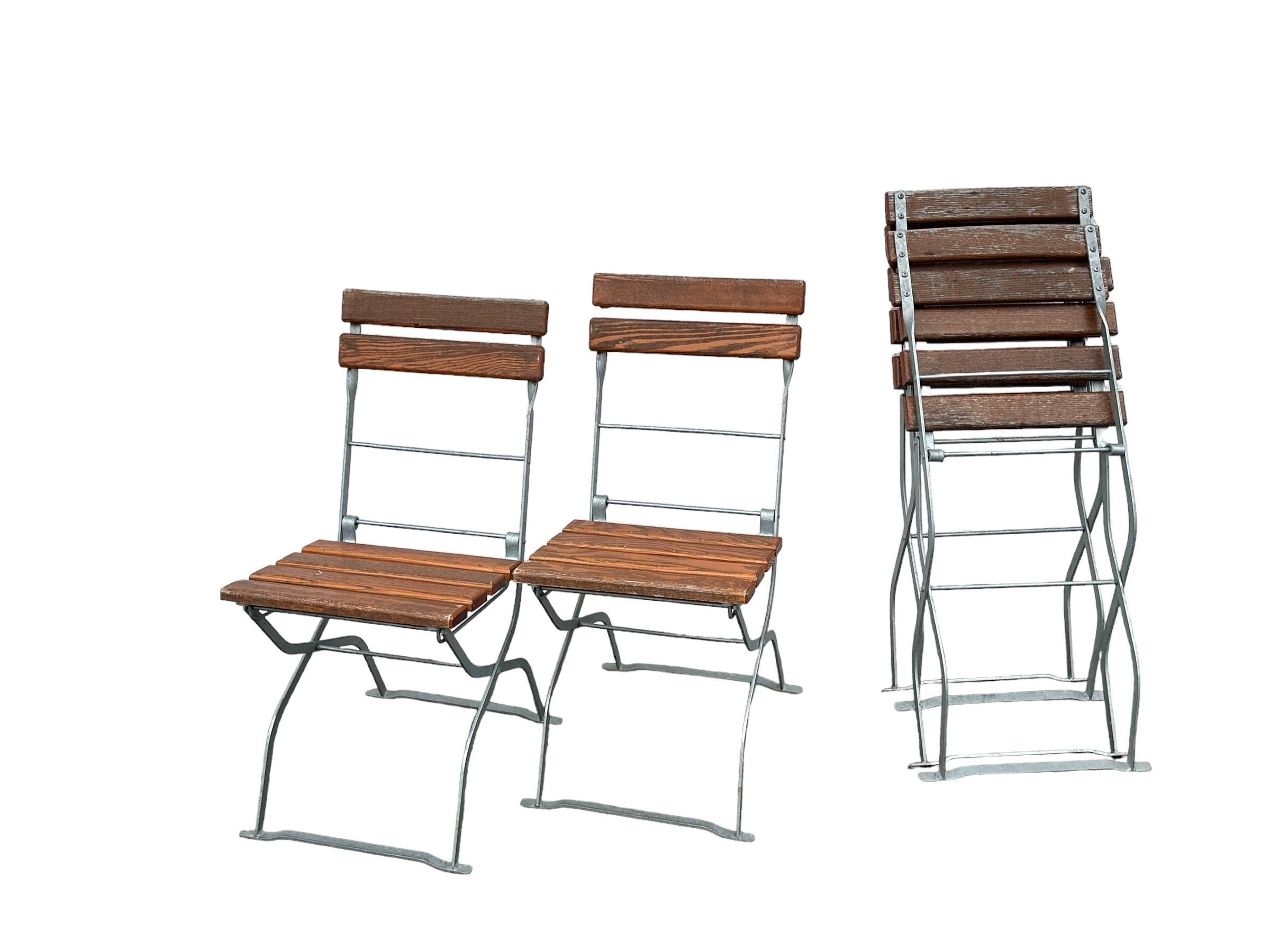Vintage Iron and Oak Bavarian Beer Garden Folding Chairs and Table Set Germany For Sale 7