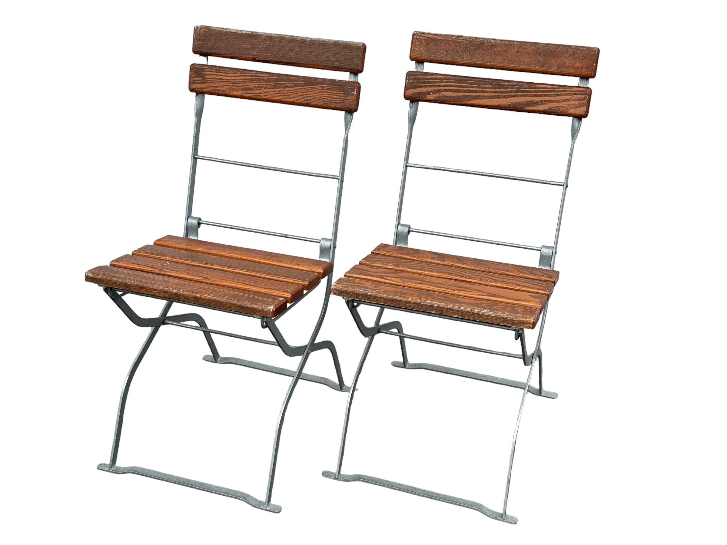 Folk Art Vintage Iron and Oak Bavarian Beer Garden Folding Chairs and Table Set Germany For Sale