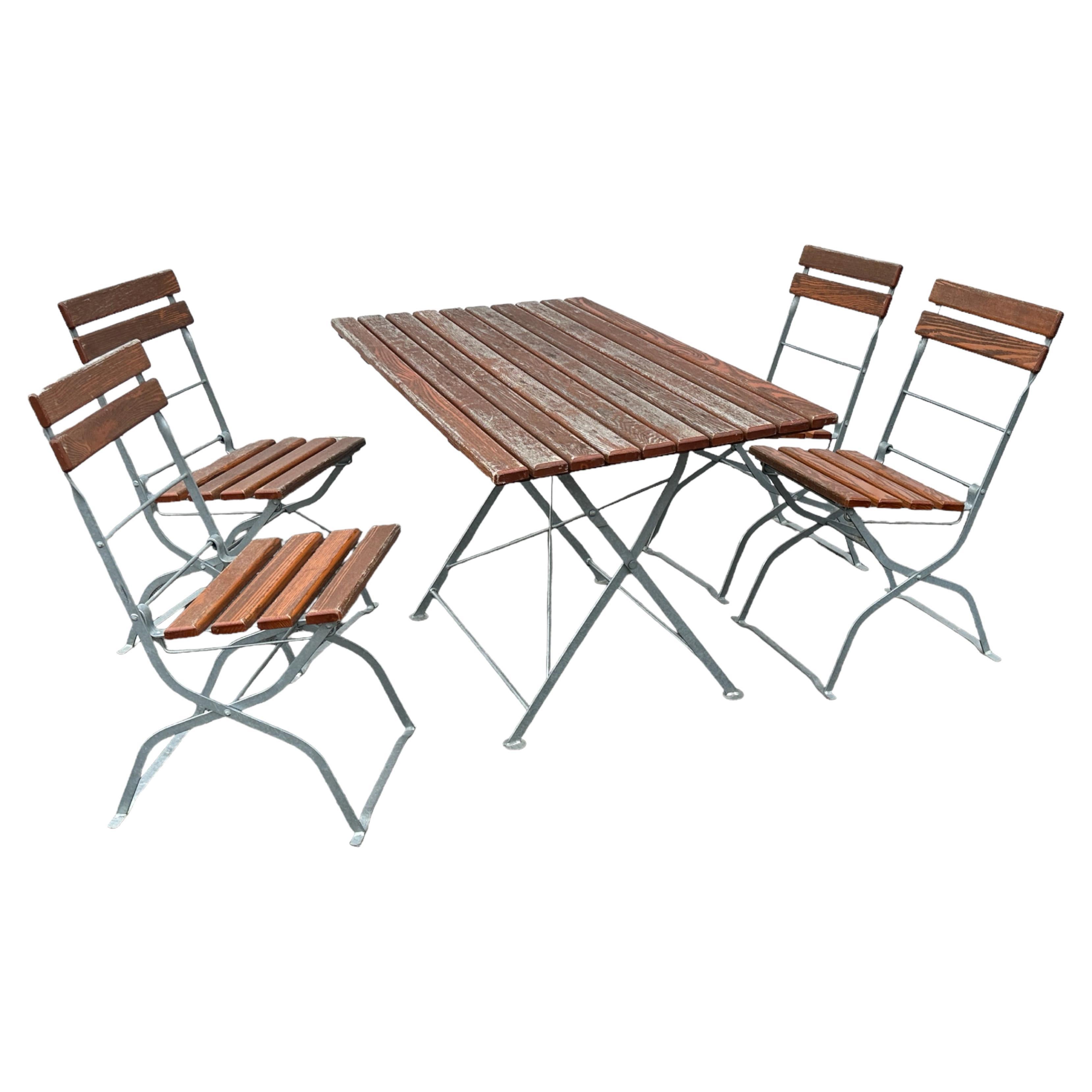 Vintage Iron and Oak Bavarian Beer Garden Folding Chairs and Table Set Germany For Sale
