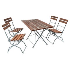Vintage Iron and Oak Bavarian Beer Garden Folding Chairs and Table Set Germany