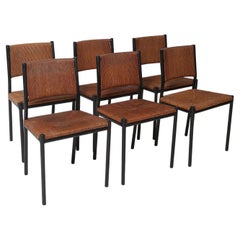 Vintage iron and rush dining chairs, a set of six