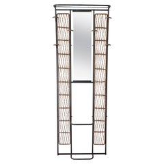 Vintage Iron and Wicker Coat Rack with Mirror, France, 1950s.