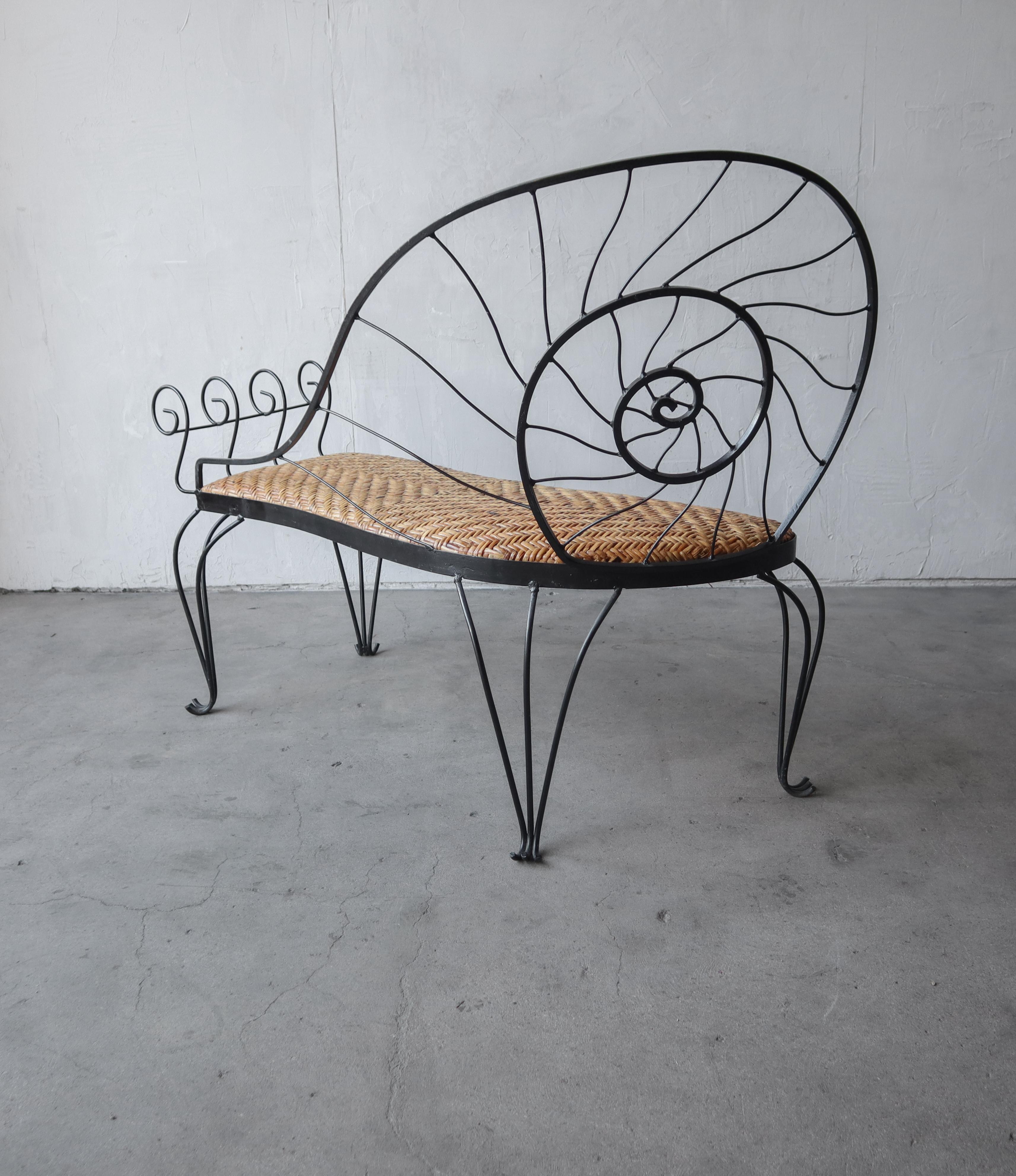 Metal Vintage Iron and Wicker Nautilus Bench and Table For Sale